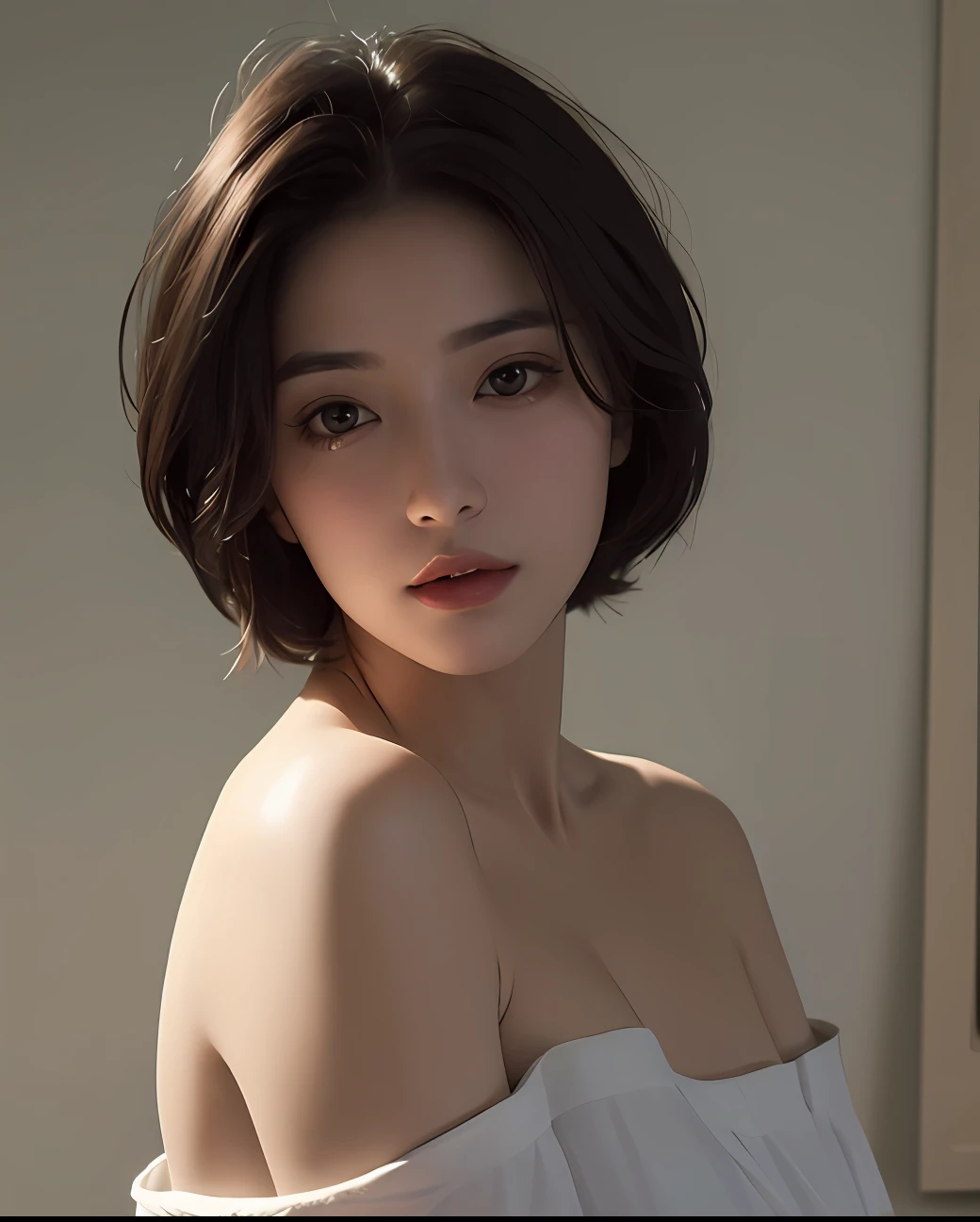 Best quality, masterpiece, ultra high res, (photorealistic:1.5), raw photo, 1girl, offshoulder, in the dark, deep shadow, low key, cold light, look, short hair