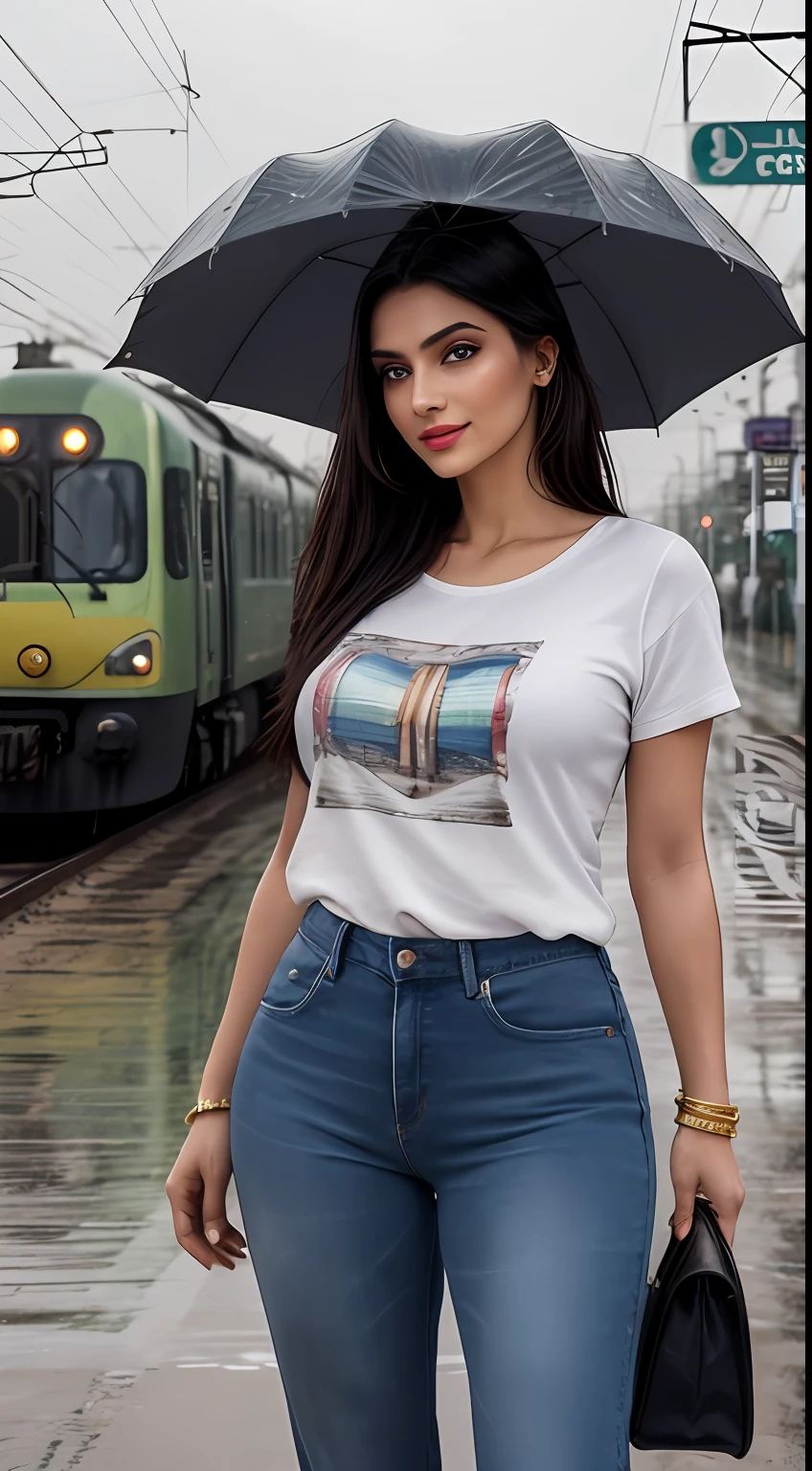((Best Quality, 8k, Masterpiece:1.3)), Focus: 1.2, Perfect Body Beauty: 1.4, front looking 1.2, (long black weavy hairstyle)), (Green round neck plain Baggy Tee-shirt, baggy style:1.1) , (rainy weather, Street:1.3), Baggy fitting jeans , full length dark blue tight torn jeans: 1.1, Highly detailed face and skin texture, Detailed eyes, Double eyelids, toned body, Whitened skin, smile, black straight hair's, high heels, firm breasts, firm thiges, looking at camera, fashion shoot style, full body length tee-shirt, Short sleeves, ankle boots, big earrings, hand bangle's and golden watch. Carrying trolley travel bag, light lipstick, lose baggy Teeshirt , standing at railway station Lahore, Pakistani green train's in background, Lahore railway platform, raining, dark cloud's, rainy atmosphere, rainfalling, walking style, model shoot, lights on