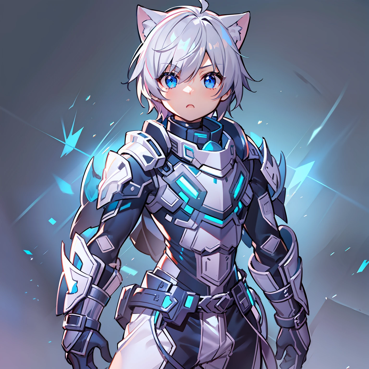 Game CG,8K quality,((A )),juvenile sense,Handsome,Anime male protagonist,Cat ears,Forehead,Shoulder blades,Blue full body armor set,White armored gloves,White trousers,Racing boots,Fight,The brave,Light effects,Full body like,zori