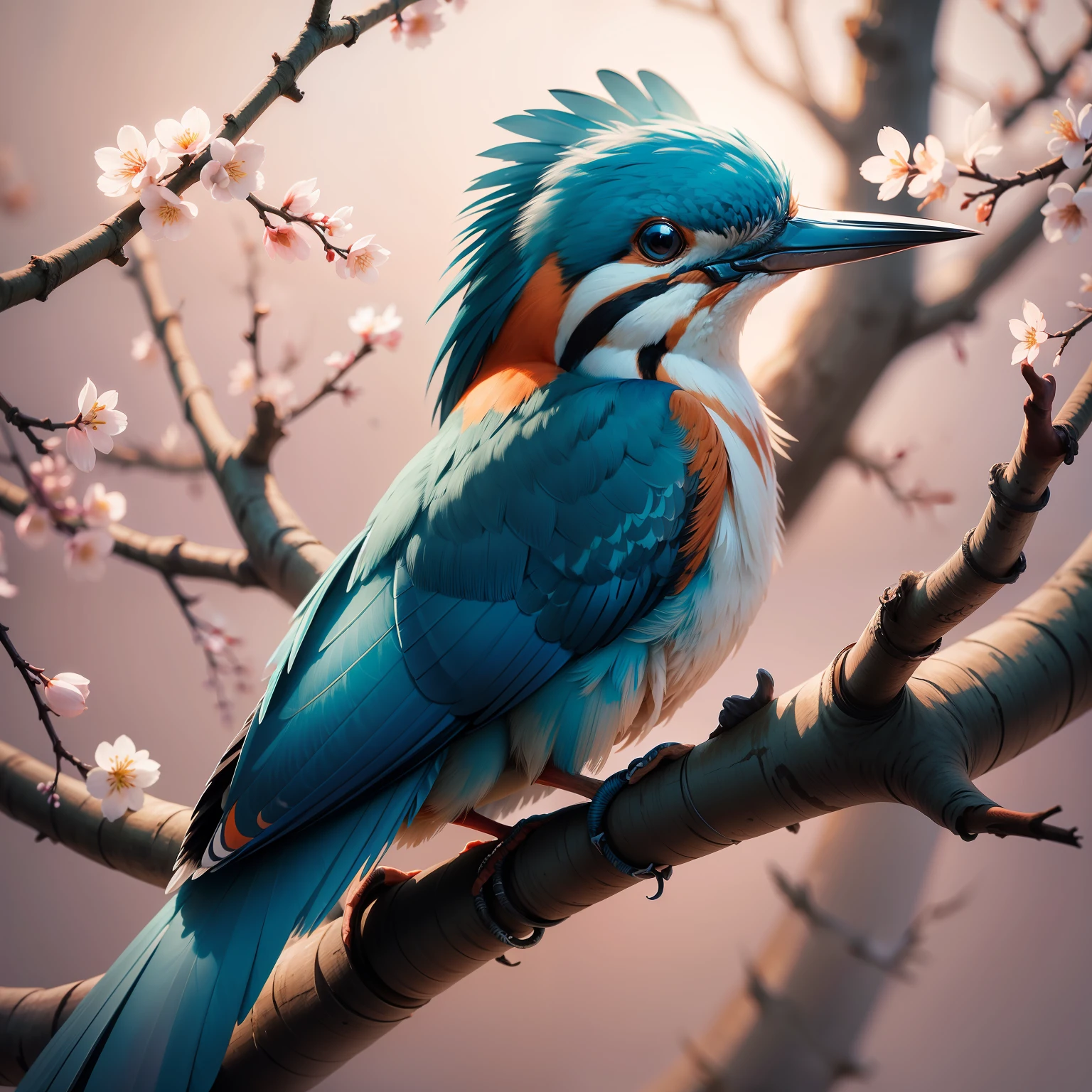 The best kingfisher approaches the budding white cherry blossoms on the branches, dark, dawn