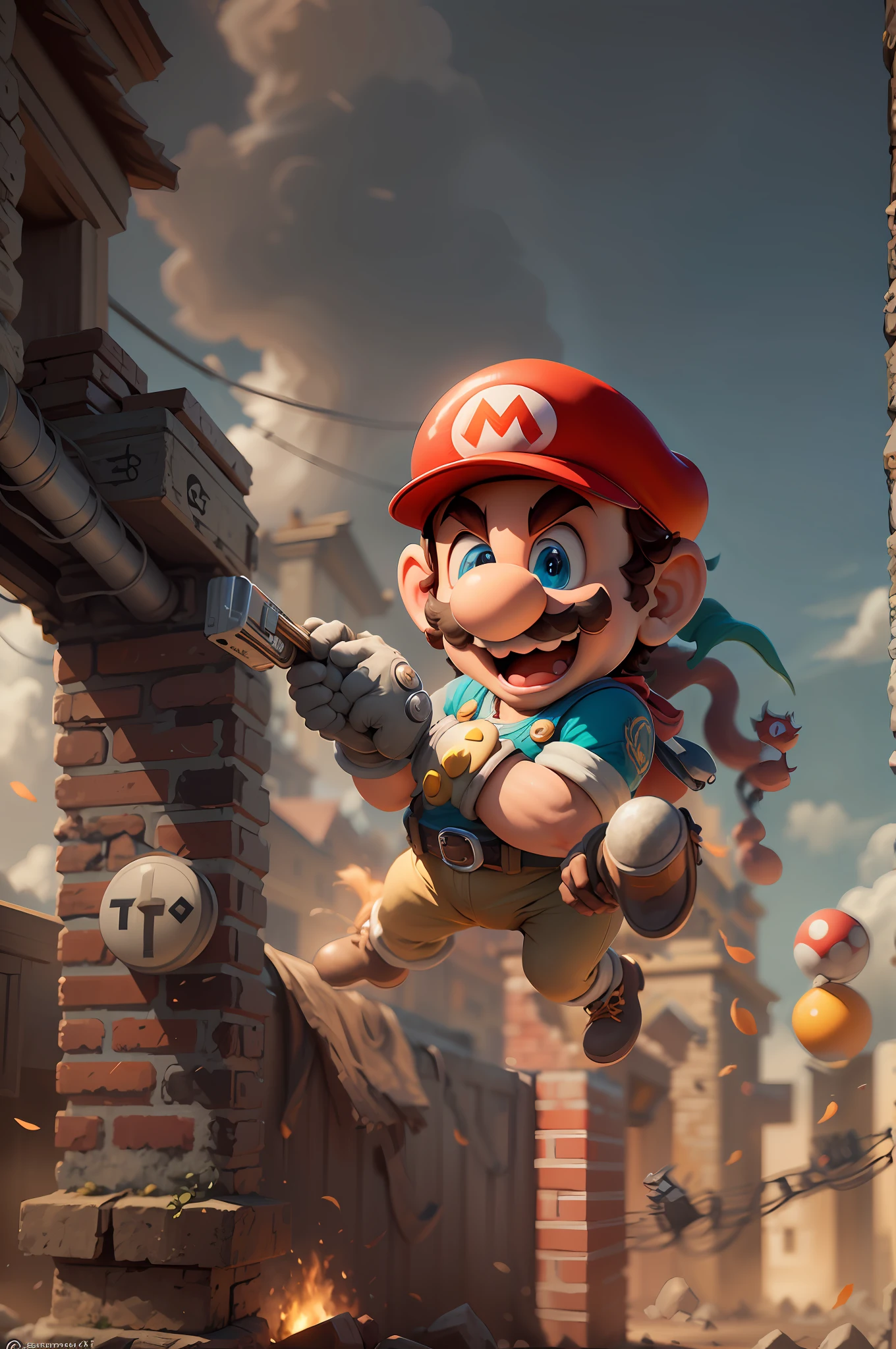 "Uma pintura digital incrivelmente detalhada e realista de um extremamente feliz "Mario Bros , expertly capturing dramatic lighting throughout the scene, created with the highest quality in 4K or 8K resolution and rendered in Unreal Engine ™.