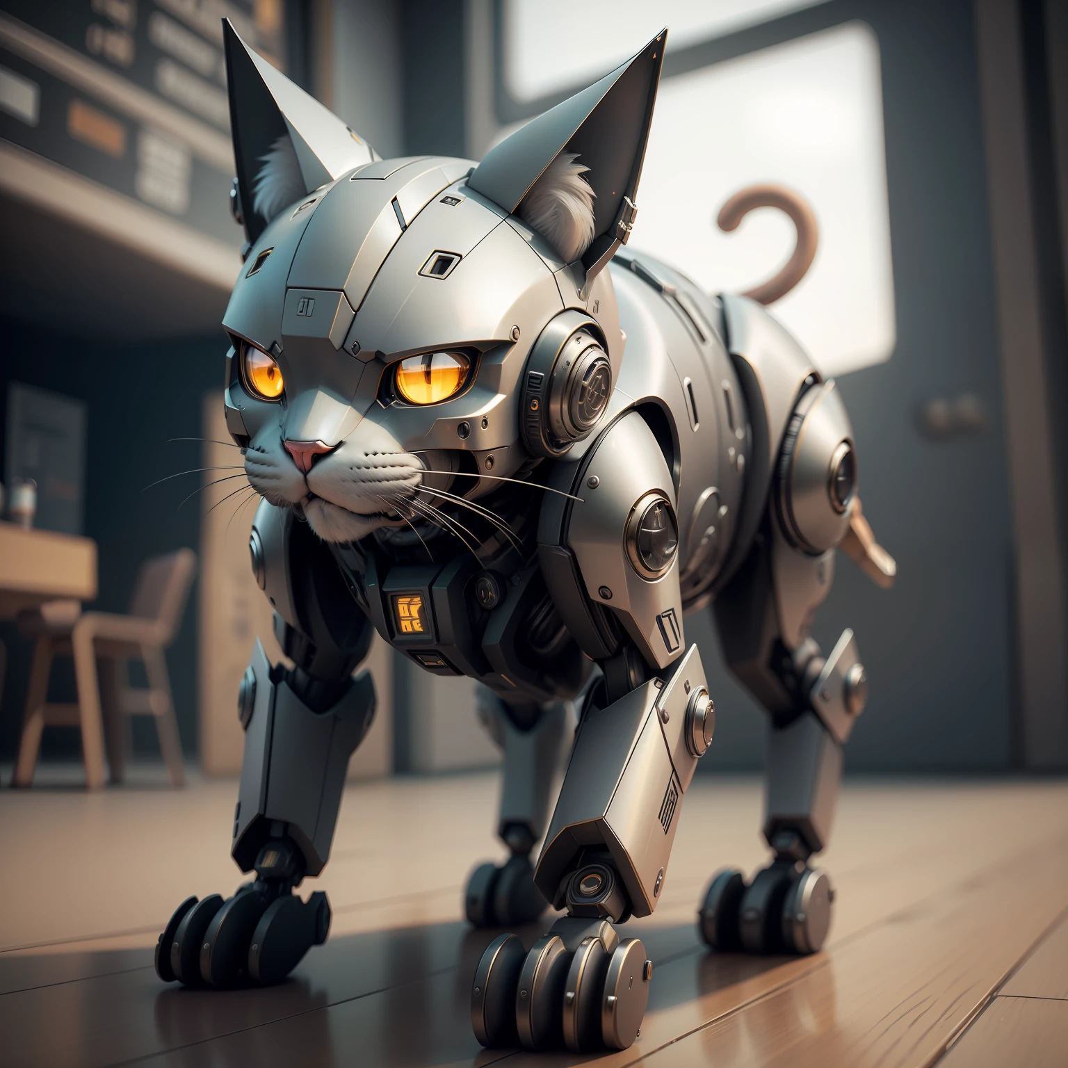 Mecha Gato Cinza, Humanoid, corpo inteiro, lone, Cyberpunk, Delicate cat head, caixa cega popmart, textura de argila, down to earth, fundo preto e branco, Luz Natural, best quality, hiper detalhe, Arte 3D, c4d, renderizador OC, 3D rendering, 8k