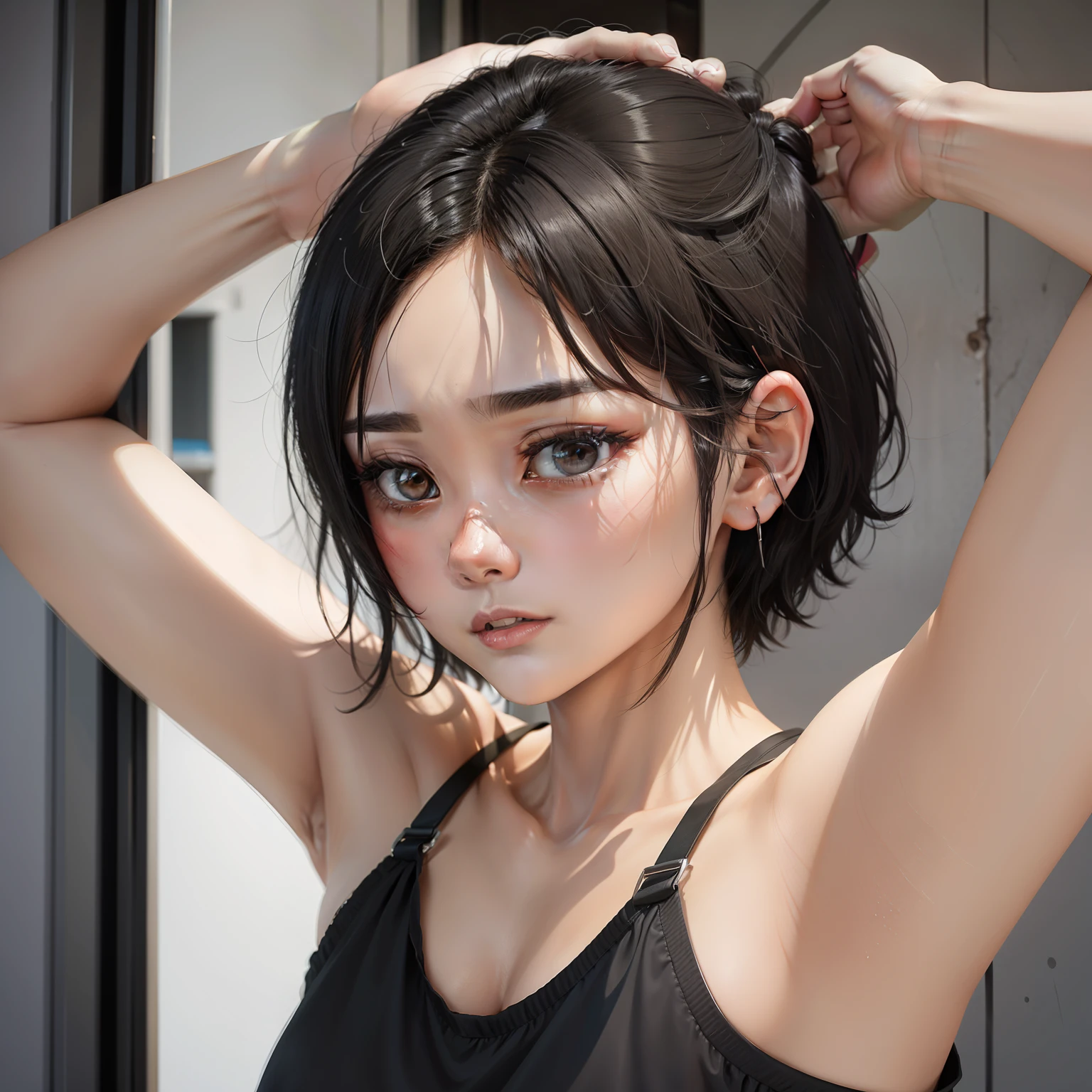Jet-black hair,Weak body,Small ears,Short hair is thick,Free,Determined eyes
