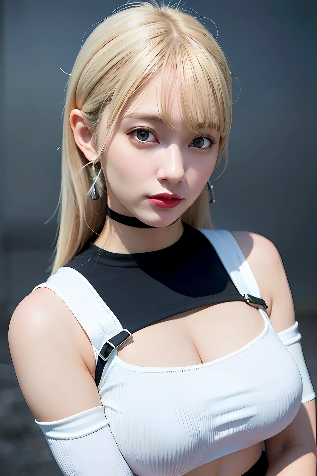 best quality, ultra high res, (photorealistic:1.4), 1girl, off-shoulder white shirt, black tight skirt, black choker, (faded ash gray hair:1), (huge breasts:1.2), looking at viewer, closeup ,