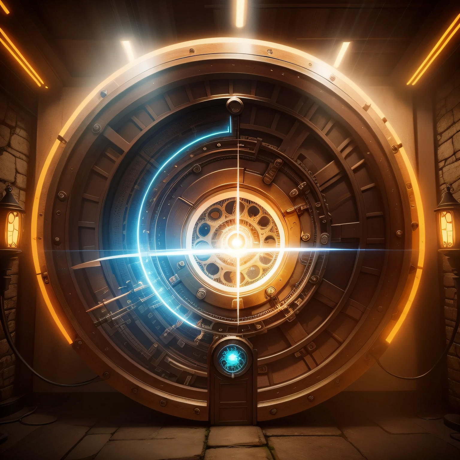 uma oficina steampunk com um portal dimensionais emanado luz e energia, imagem ampla.