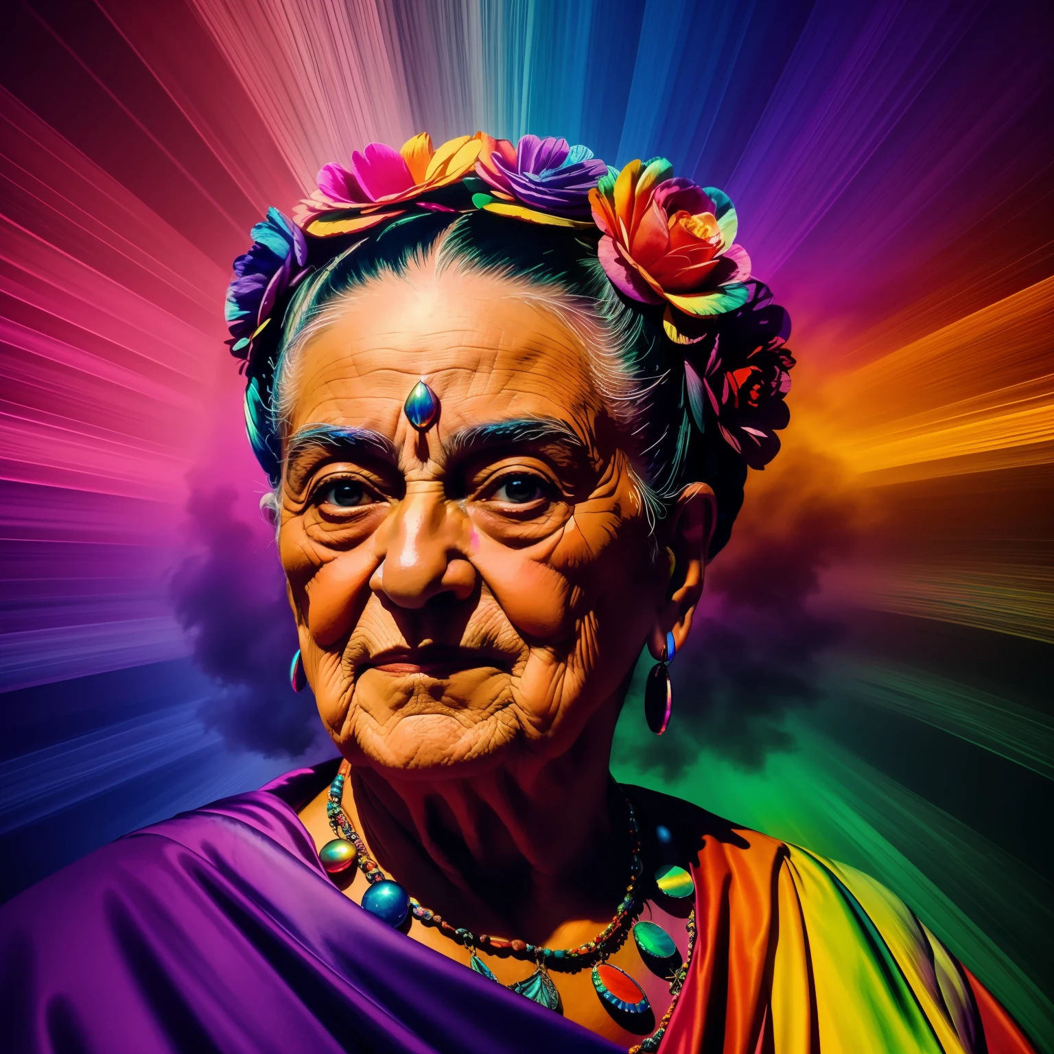 "A stunning illustration of an old woman dressed in vibrant colors floating in the middle of a cloud, with iridescent colors and rainbow light effects, al estilo de Frida Kahlo, Captured in Ultra High Definition quality on the move."