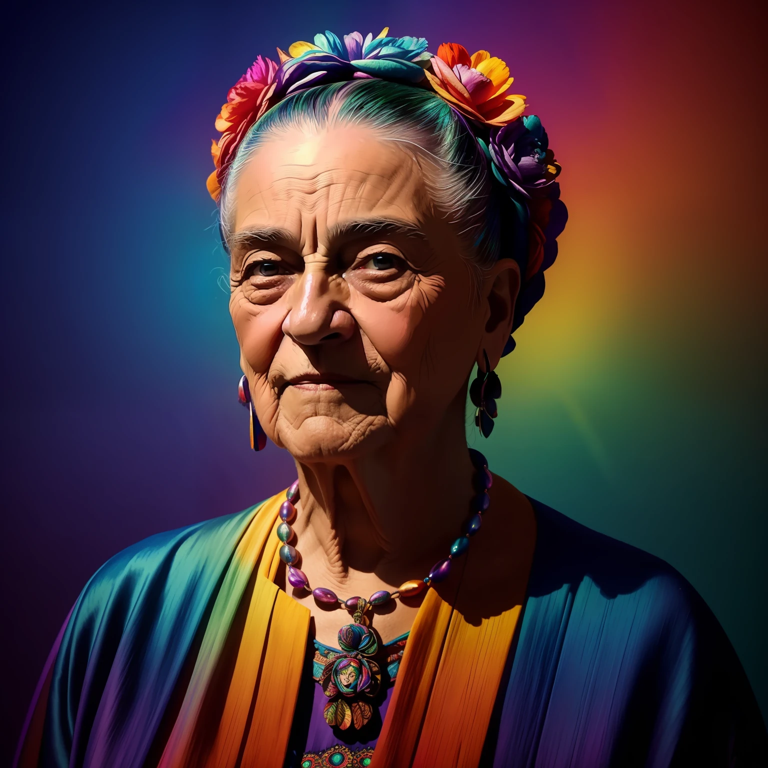 "A stunning illustration of an old woman dressed in vibrant colors floating in the middle of a cloud, with iridescent colors and rainbow light effects, al estilo de Frida Kahlo, Captured in Ultra High Definition quality on the move."