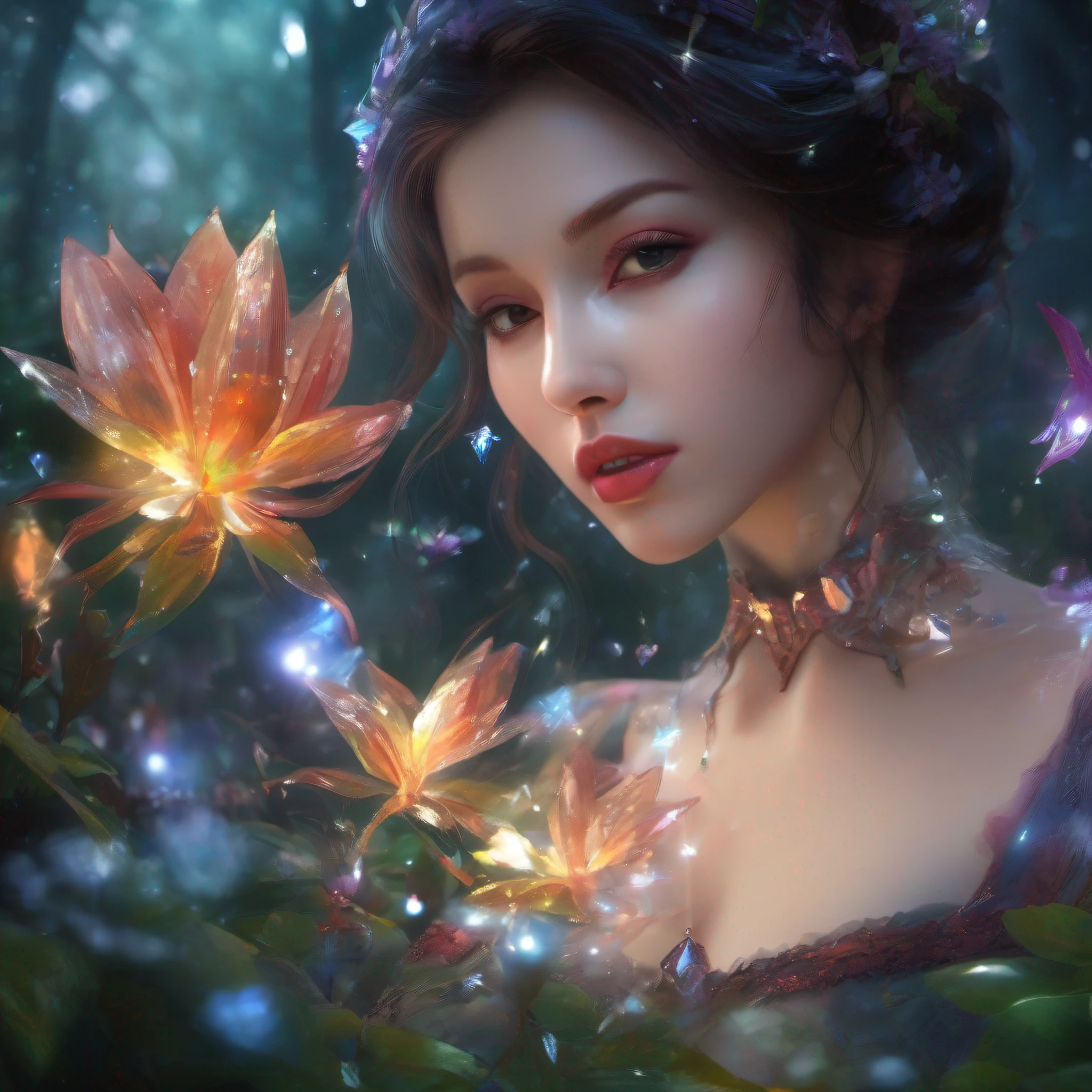 k hd,8K ,closeup cleavage,Deep in the forest,crystal blossom flower,Fireflies surround