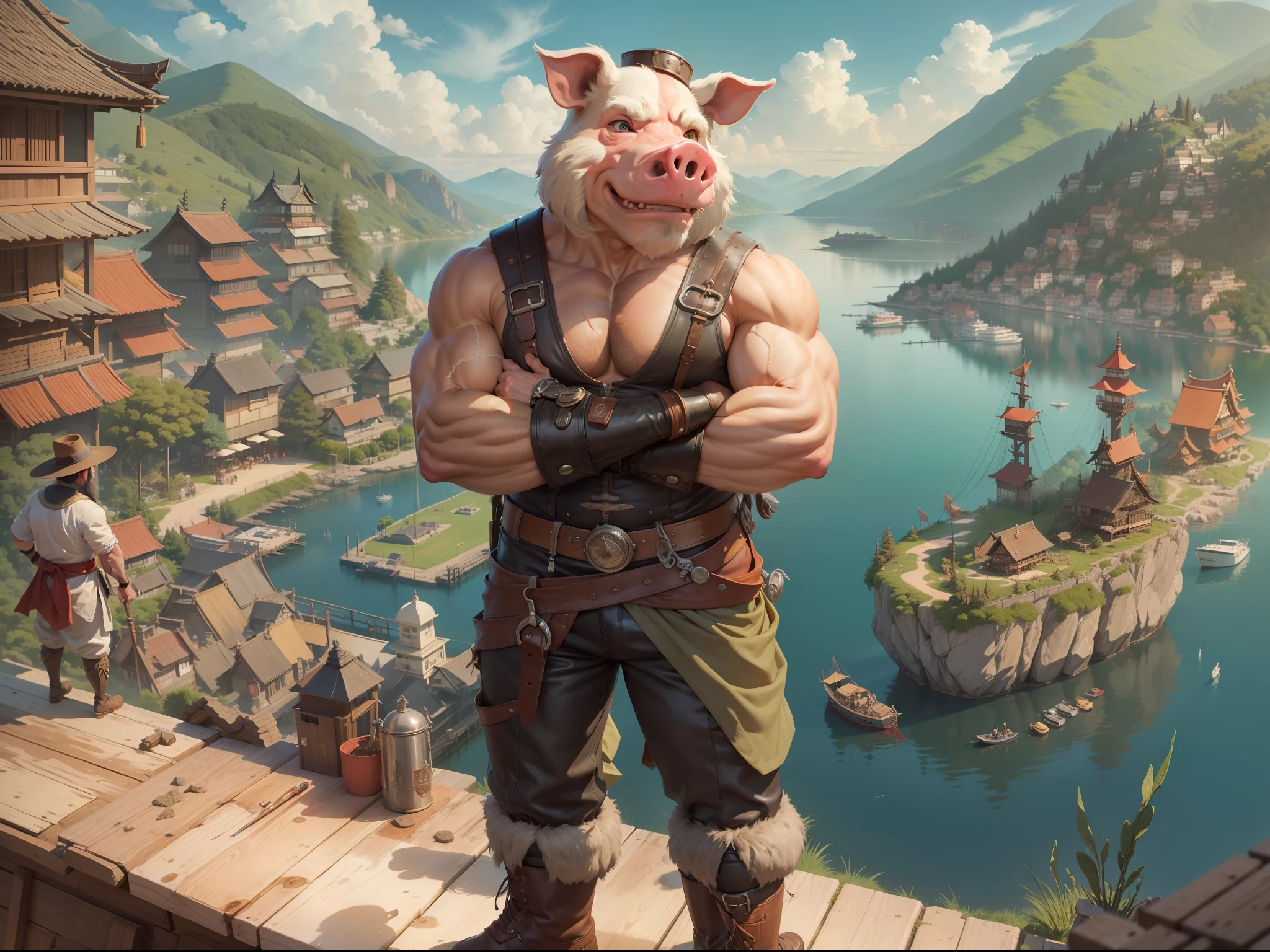 A pig-headed uncle, He was relatively muscular, His biceps had quite a few scars, burns, He looked friendly. He wore an apron with pliers and a hammer and thick leather pants and high boots. japan medival mix steampunk overlooking aerial wide angle view Uzumaki trade harbor, mountain, multiple others, outdoors, scenery, seagull, sky, skyscraper, standing, sunset.