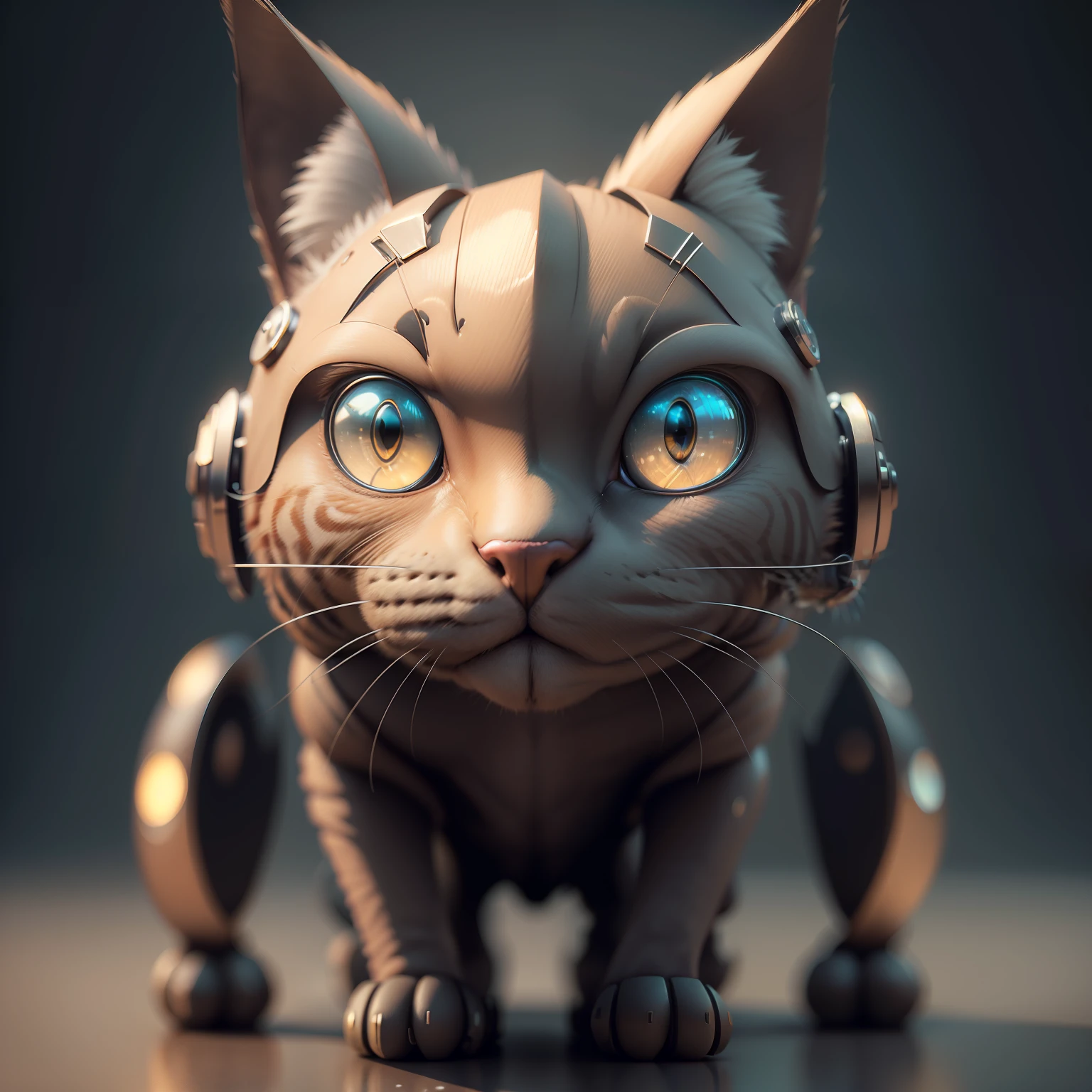Mecanico Gato Cinza, Humanoid, corpo inteiro, lone, Cyberpunk, Delicate cat head, textura de argila, down to earth, fundo preto e branco, Luz Natural, best quality, hiper detalhe, Arte 3D, c4d, renderizador OC, 3D rendering, 8k