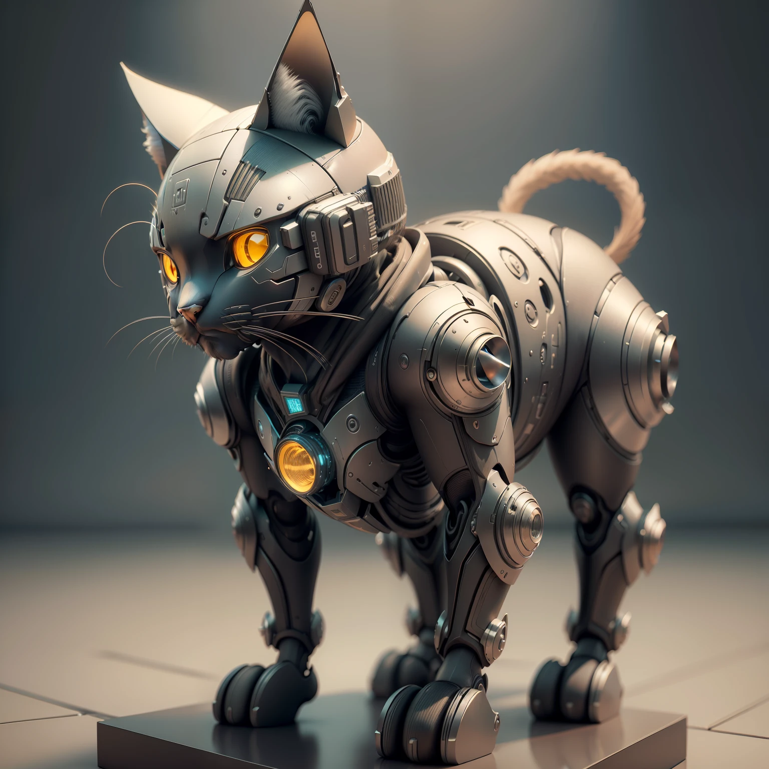 Mecanico Gato Cinza, Humanoid, corpo inteiro, lone, Cyberpunk, Delicate cat head, textura de argila, down to earth, fundo preto e branco, Luz Natural, best quality, hiper detalhe, Arte 3D, c4d, renderizador OC, 3D rendering, 8k