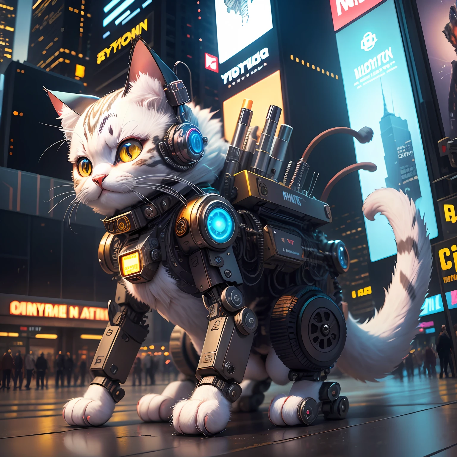 new york city, time square, cyborg cat, cute, fluffy, detailed, robotic cat