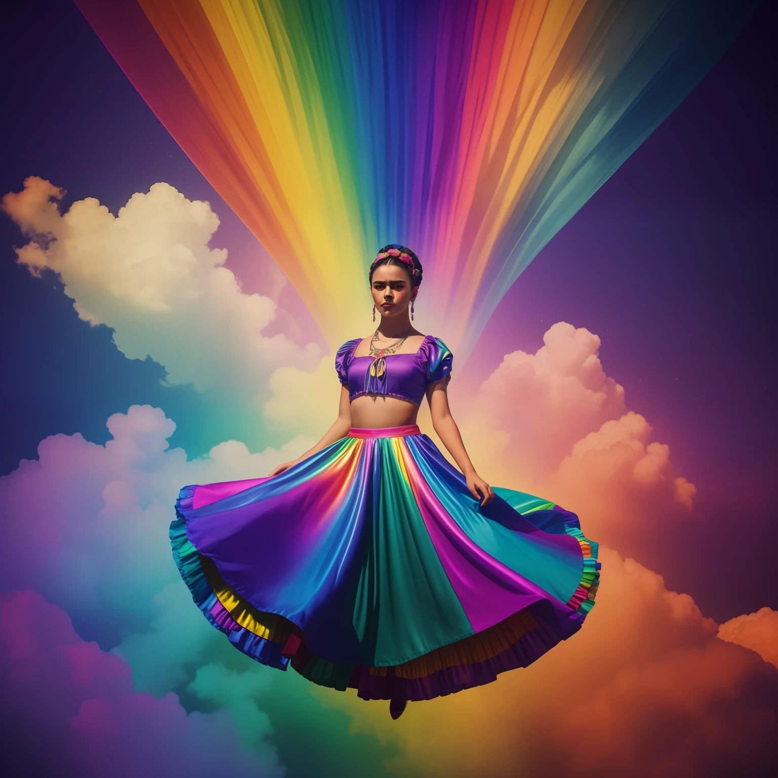 "A stunning illustration of a girl dressed in vibrant colors floating in the middle of a cloud, with iridescent colors and rainbow light effects, vestida al estilo de Frida Kahlo, and the background in the style of José Cúneo,  Captured in ultra high definition quality , Third dimension in motion."