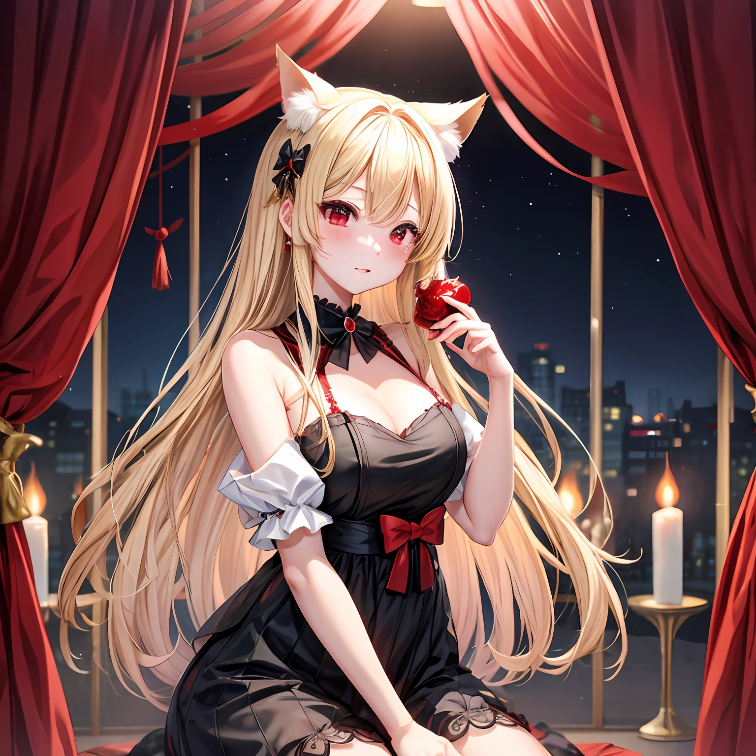 a blond、red eyes、One pretty girl、独奏、animesque、Black Dress、red blush、Inu ears