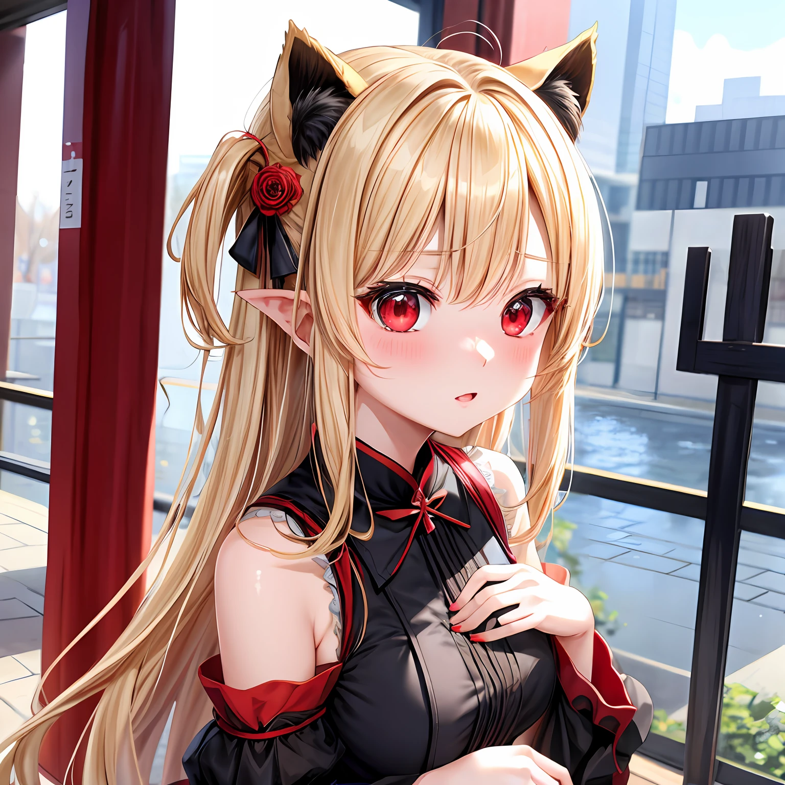 a blond、red eyes、One pretty girl、独奏、animesque、Black Dress、red blush、Inu ears