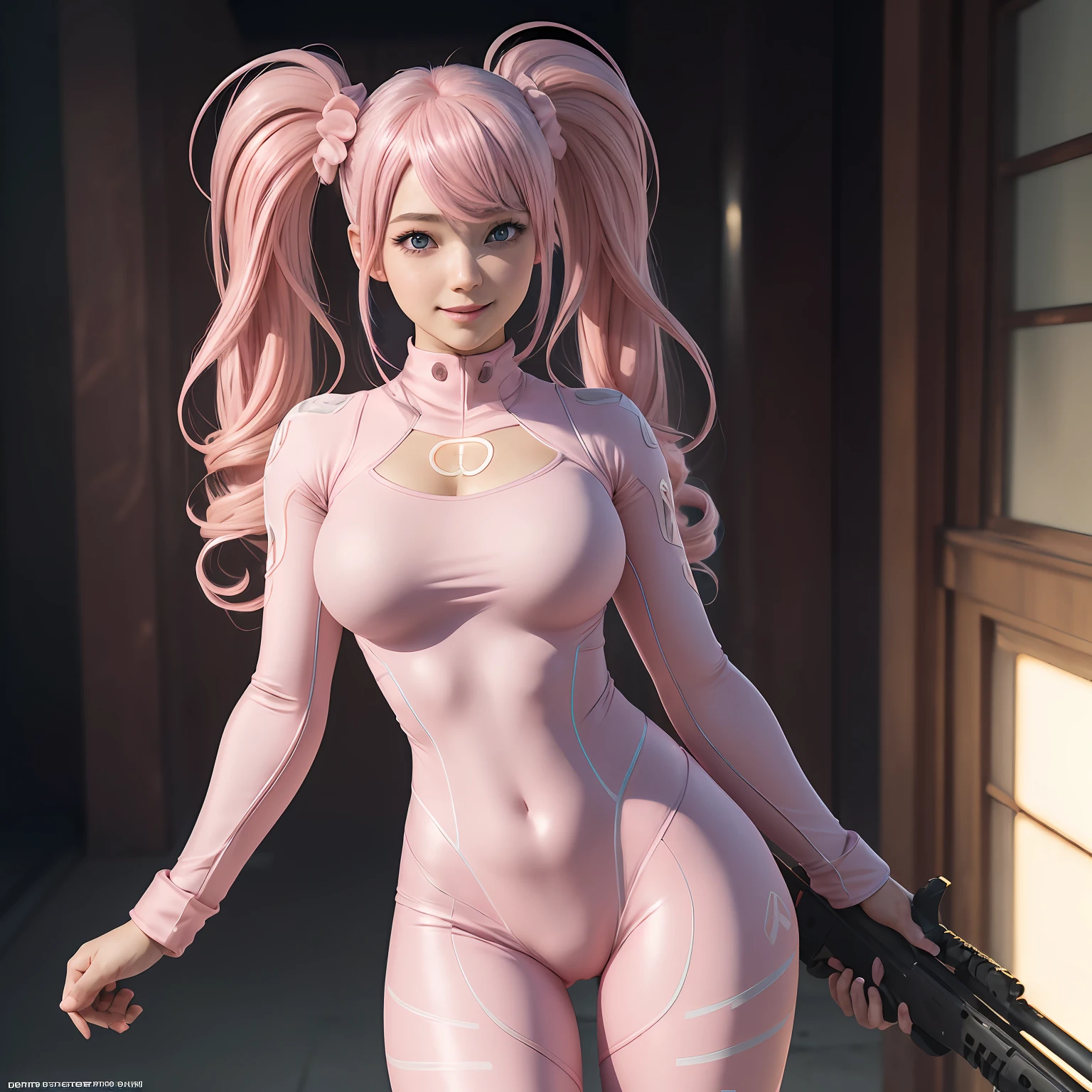 ulzzang-6500-v1.1,(Raw Photos:1.2),((Photorealistic:1.4)),Top Quality,Masterpiece, Illustration, Very delicate and beautiful, Highly Detailed CG,Unity,8k Wallpaper, Amazing, Fine Details, Official Art,Highly Detailed CG Unity 8k Wallpaper,Absurdity, Incredibly Absurd, Huge File Size, Ultra Detail, High Definition, Beautiful detailed girl, very detailed eyes and face, beautiful detailed eyes, face light, movie lighting, (((very pink tight suit clothes)), 1 girl, full body, full body shot, viewer (((light pink hair)), red eyes, ((blissful)), best detailed background, (cosplay)), (smile), twin tails, (holding a rifle)),