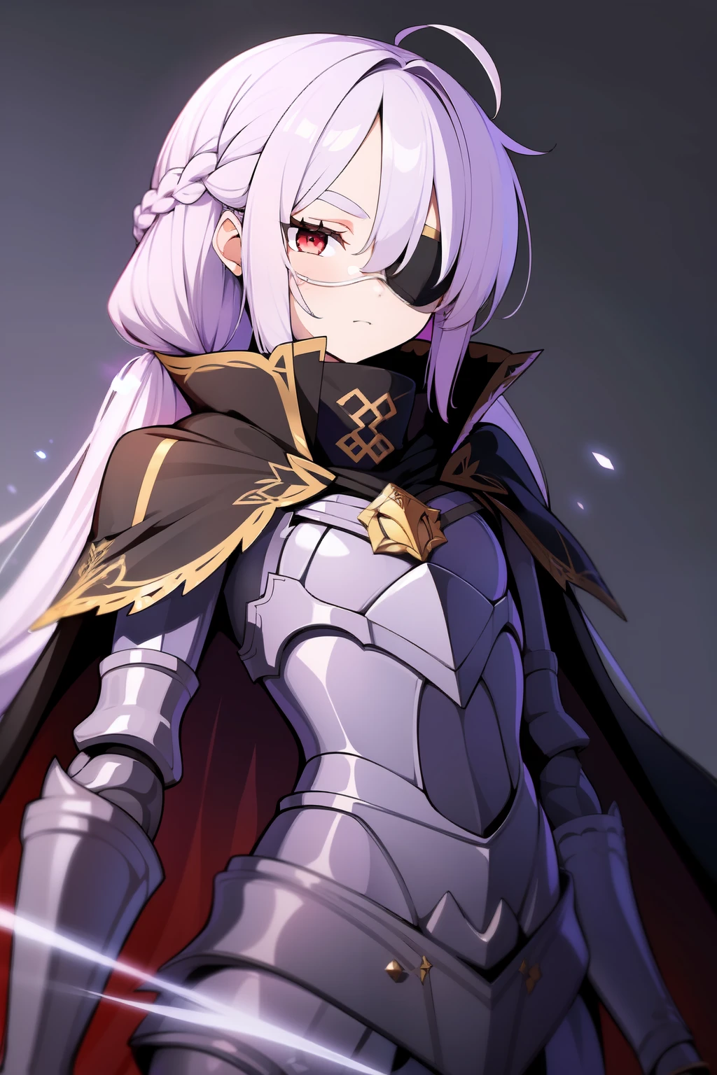 masterpiece, best quality, sharp focus, absurdres, ++ 1girl, solo, fantasy, light purple hair, very long hair, straight hair, french braid, single sidelock, forehead, eyepatch, one eye covered, black eyepatch, red eyes, multicolored eyes, small chest, flat chest, loli, light purple armor, one shoulder cape, black cape, long cape, dollgirl, doll joints, ++ upper body shot, zoom out, arms behind back, standing, baddass, light particles, looking at viewer, cold, neutral