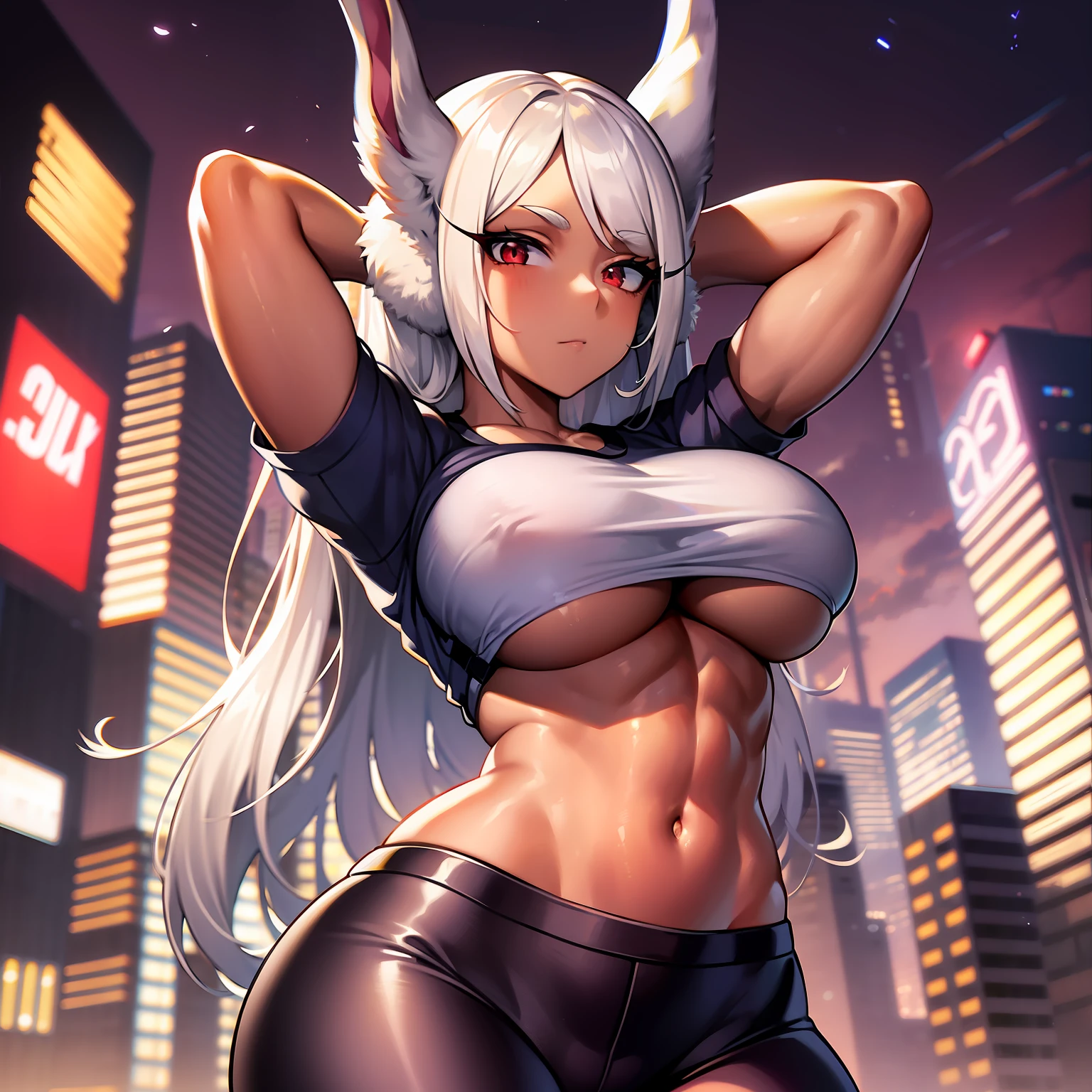 mirko mha, 1girl,solo,dark-skinned female, dark skin, large breasts,cropped shirt,crop top overhang,abs, collarbone, yoga pants, thigh gap, thick thighs, black pant,looking at viewer, night time, crimson red theme,cityscape,cyberpunk, rabbit ears, rabbit girl, white hair, long hair, muscular female, red eyes, underboob, cowboy shot, arms behind head,short sleeves, from below,