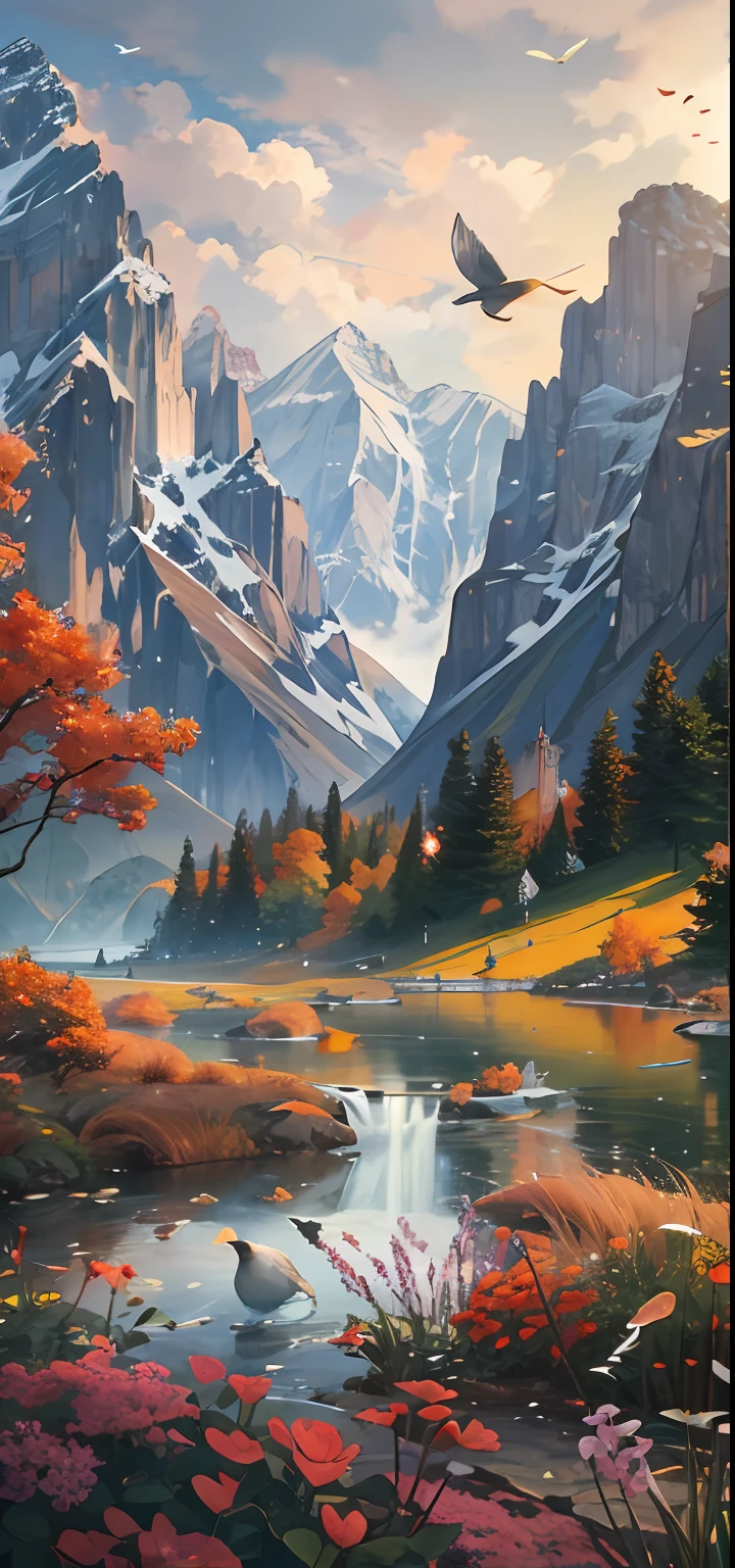 Realistic nature with mountains and birds 8k wallpaper, ultra hd, High resolution