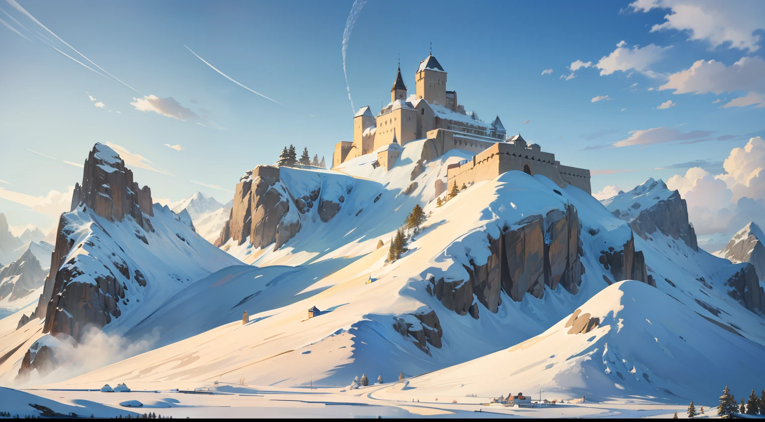 Stunning art An incredible landscape of a snow-capped mountain on the horizon At the top of the mountain there is a medieval fort a fortress-like building surrounded by a simple village a medieval landscape an impressive RPG art expressive art