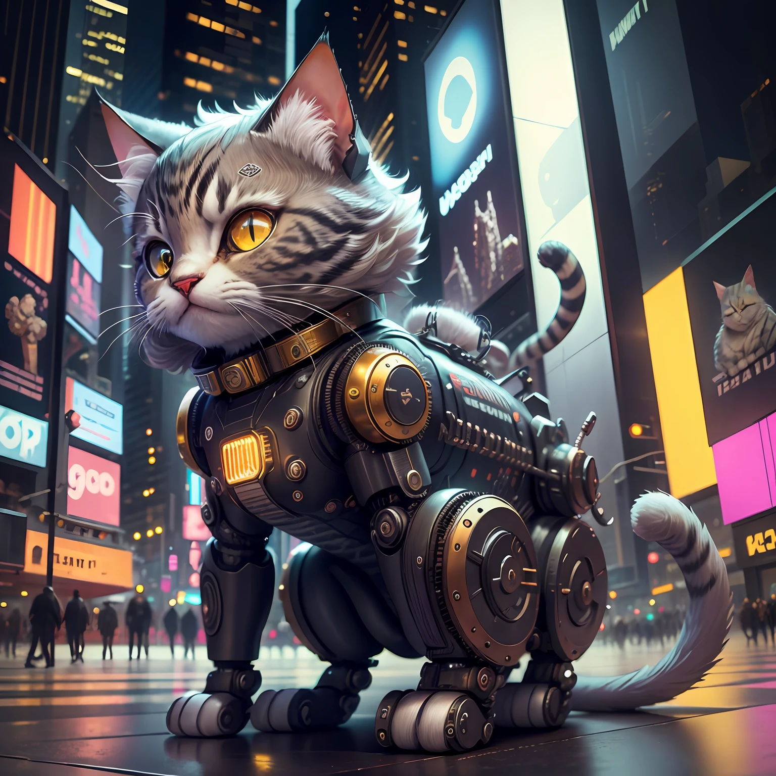 new york city, time square, cyborg cat, cute, fluffy, detailed, robotic cat