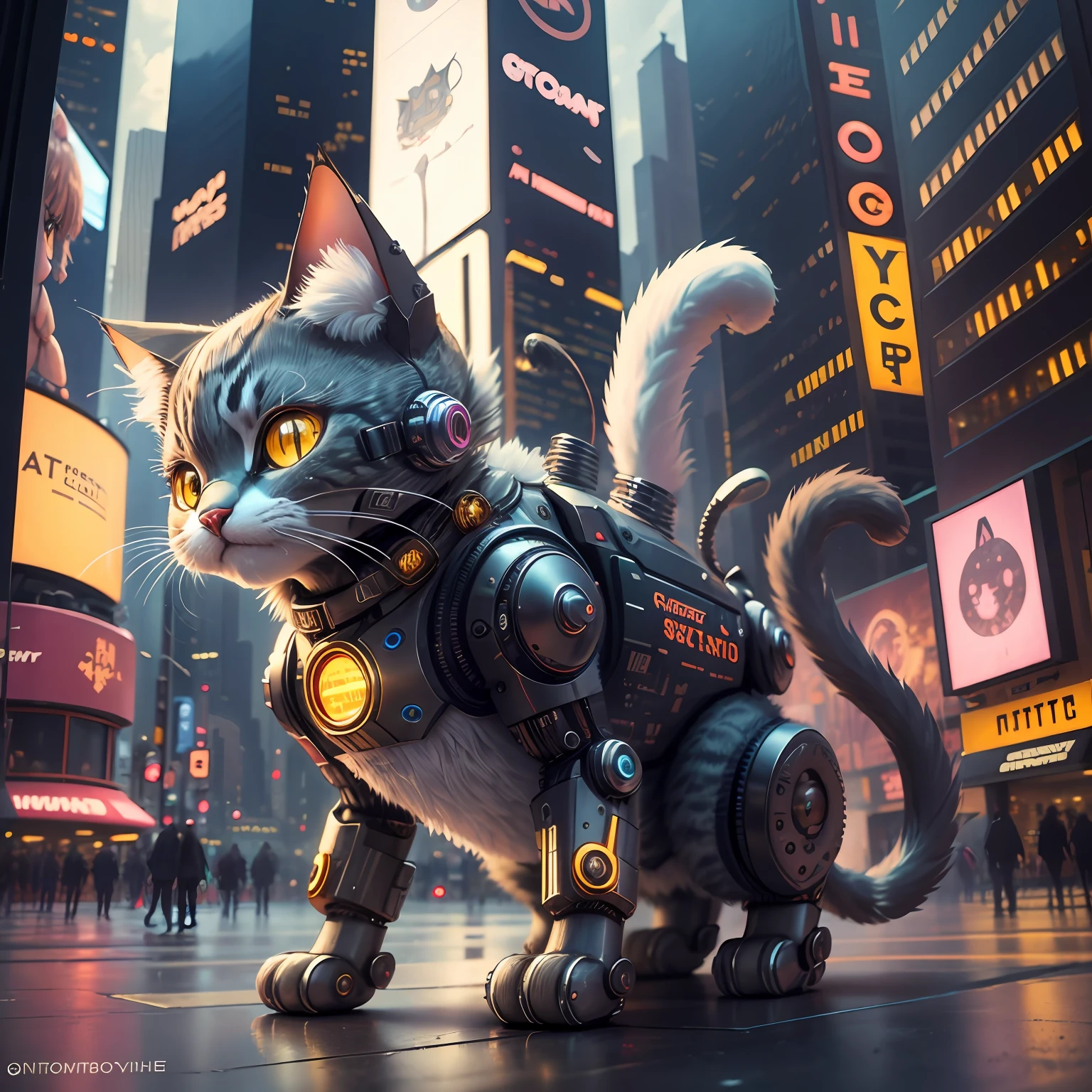 new york city, time square, cyborg cat, cute, fluffy, detailed, robotic cat