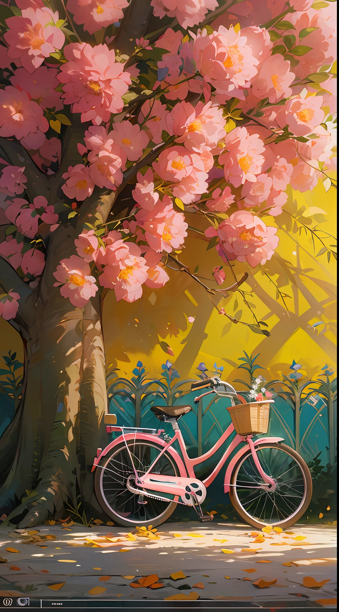 Uma bicicleta rosa com uma cestinha de flores amarelas, In the shade of a garde tree in the park, dia de sol, brazi, Obra-prima, melhor qualidade, (papel de parede 8k de unidade CG muito detalhado) (melhor qualidade), (best illustration), (melhores sombras)