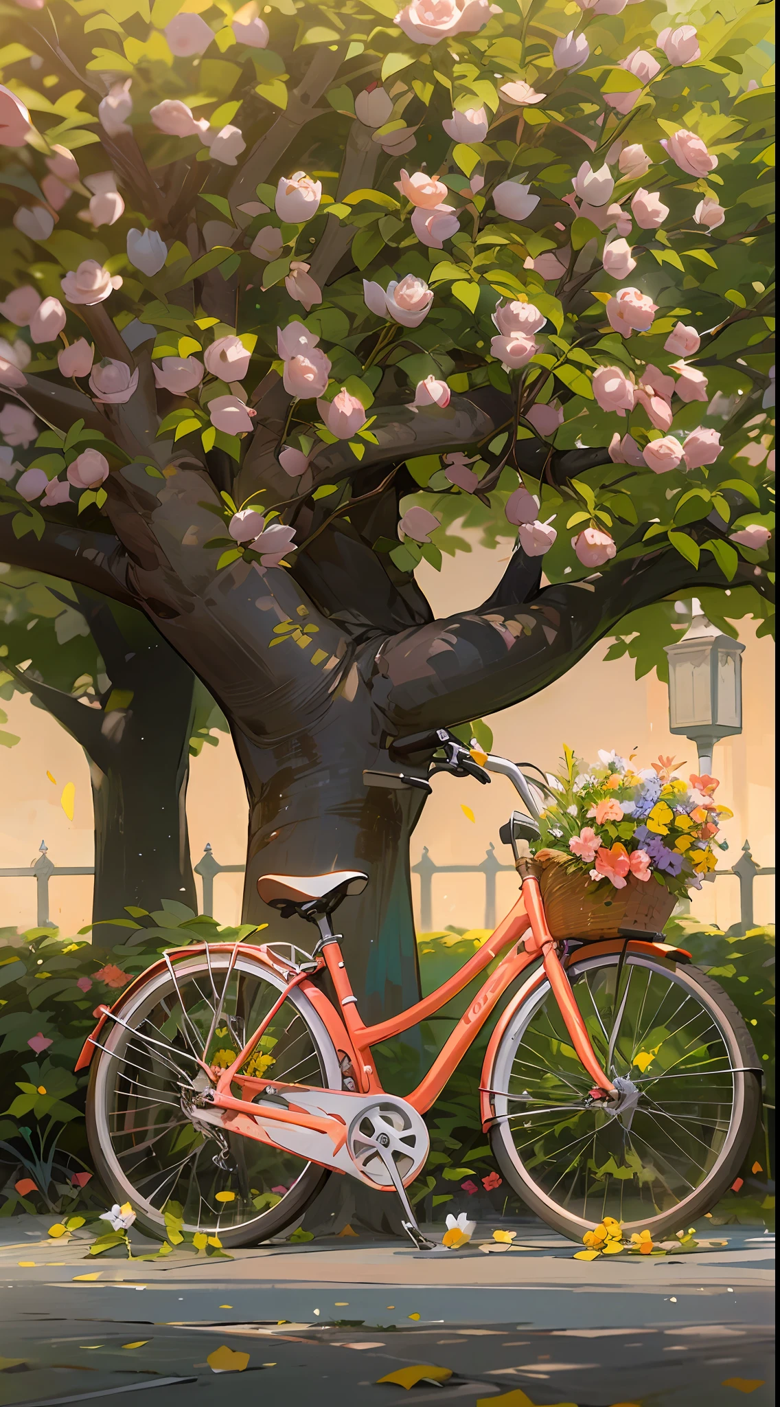 Uma bicicleta rosa com uma cestinha de flores amarelas, In the shade of a garde tree in the park, dia de sol, brazi, Obra-prima, melhor qualidade, (papel de parede 8k de unidade CG muito detalhado) (melhor qualidade), (best illustration), (melhores sombras)