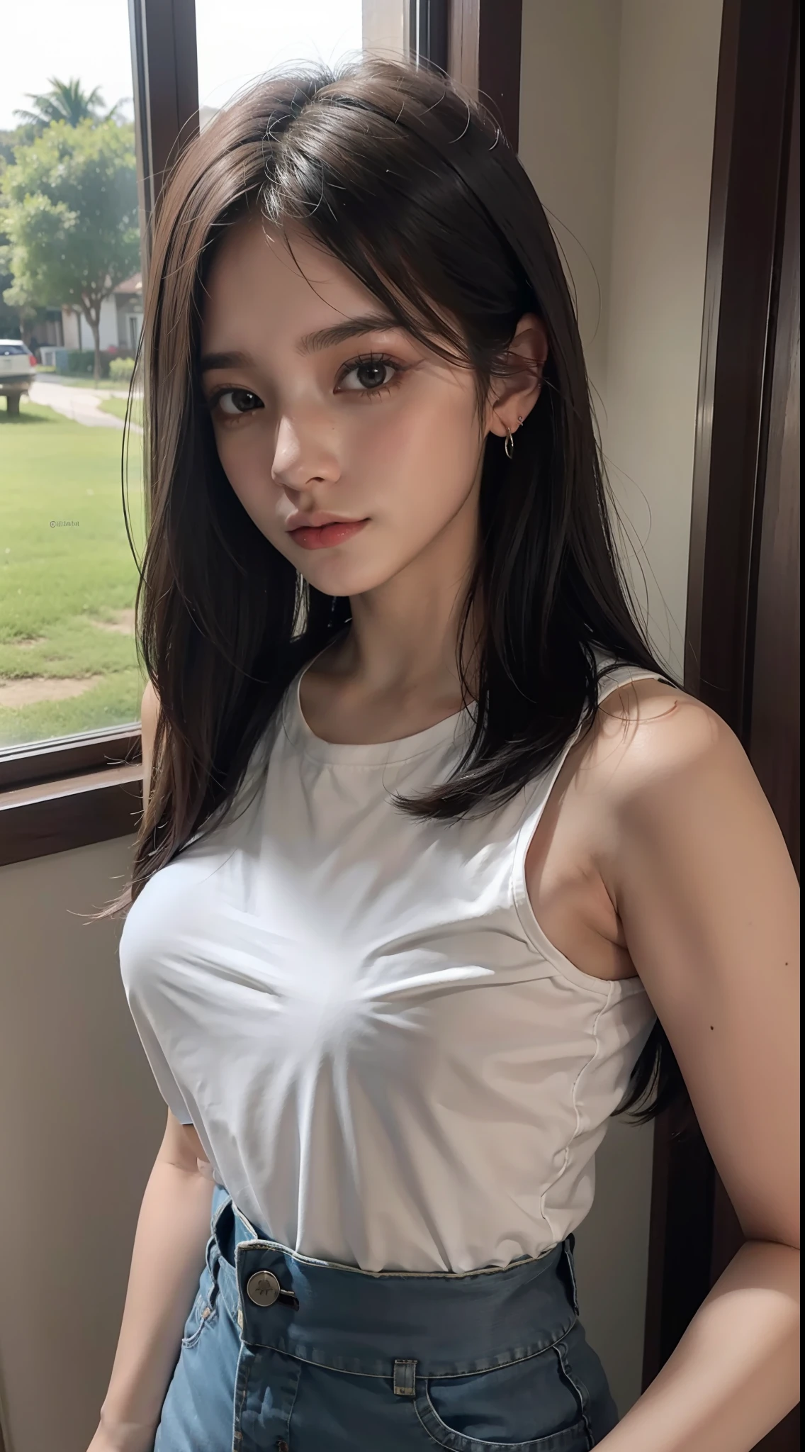 (master part:1.2), Realistic, foto de 18 y.o menina em uma camisa folgada(Camisa desabotoada), metade , best quality, cabelo curto, seios grandes, bareshoulders, clivagem, NSFW, [[Hands hidden behind the back]], Brincos, Camisas completas, gargantilha preta, sozinho, [SFW], melhor qualidade, 8k