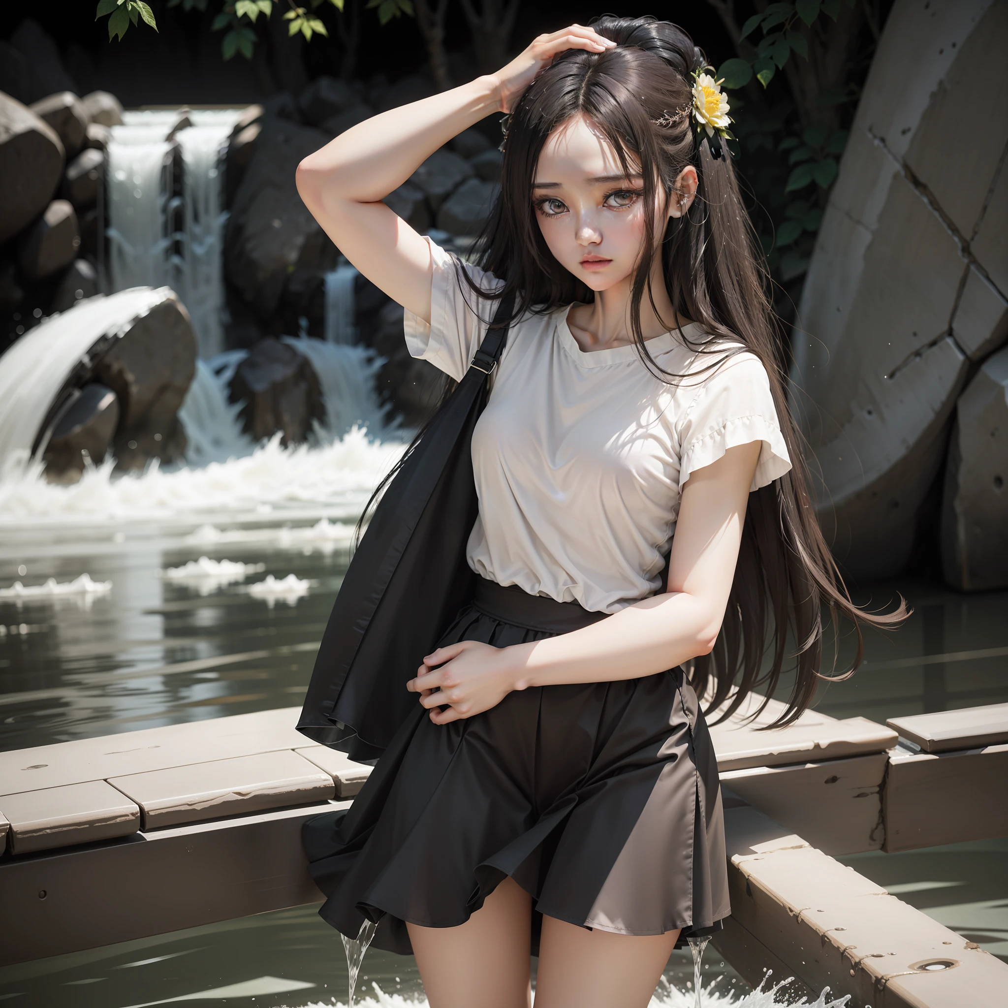 (picture quality is high+Meticulous CG+1 brunette beauty)，The pouring black hair was like a waterfall，Feminine and moving，There was a hint of fragility in the resolute eyes。The long skirt is pale yellow。