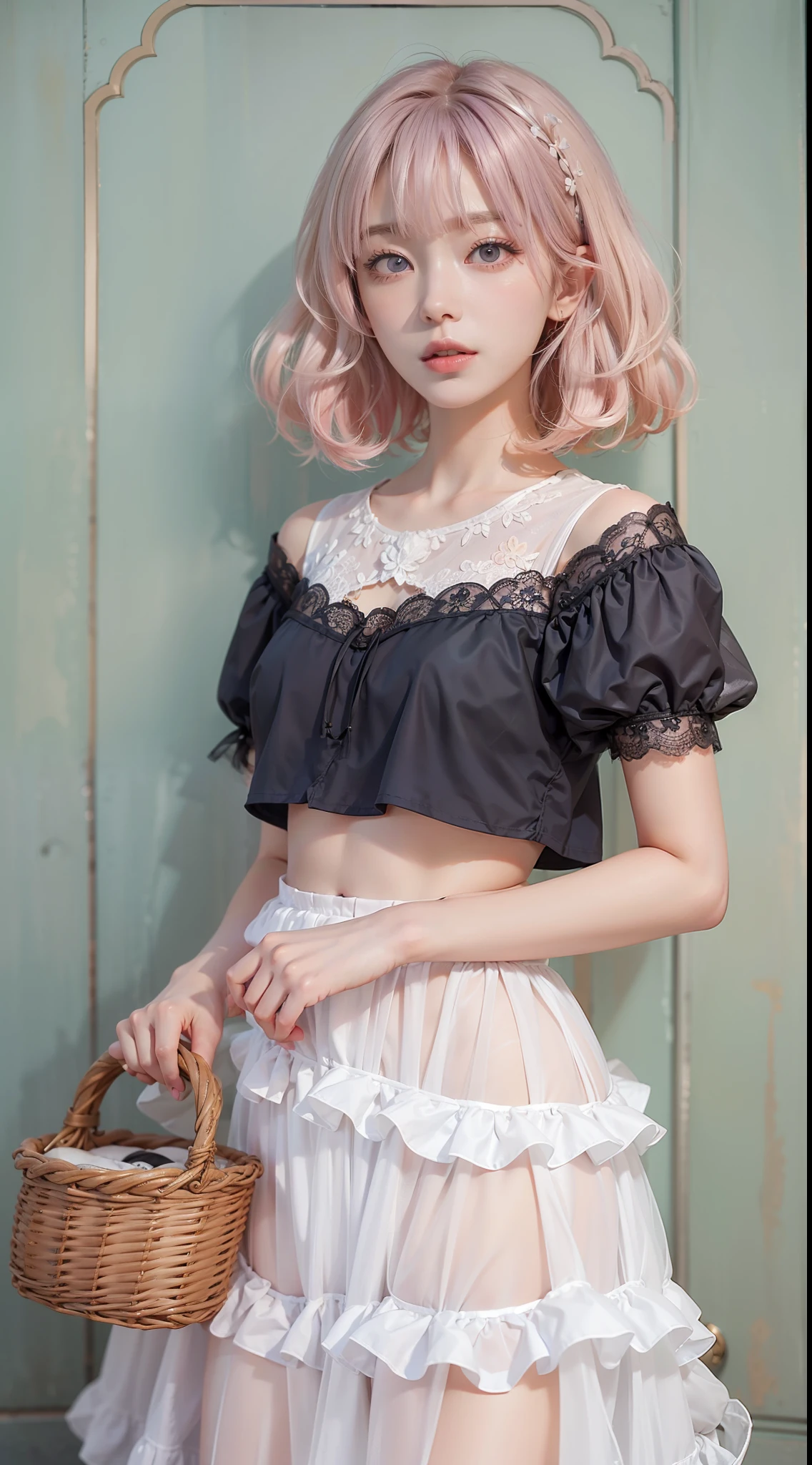 photogenic、top-quality、​masterpiece、Angle from above、Japan women、18 years old、pale pink blonde hair、Lustrous hair、Very short、Purple hair、perm、Korean Style Beauty、big eye、Double eyes、small tits、White Ruffled Chiffon Sleeveless Top, White Tulle Maxi Skirt Dress, wicker basket bag.、Lace underwear、