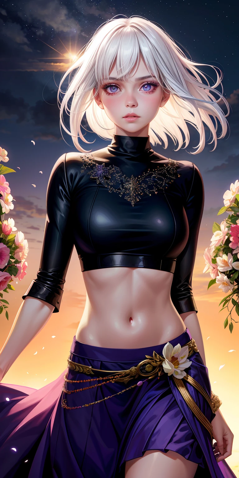 realistic, 1girl, white hair, purple eyes, glowing eyes, crop top, skirt, parted lips, blush, night, flowers, sun, sunlight,