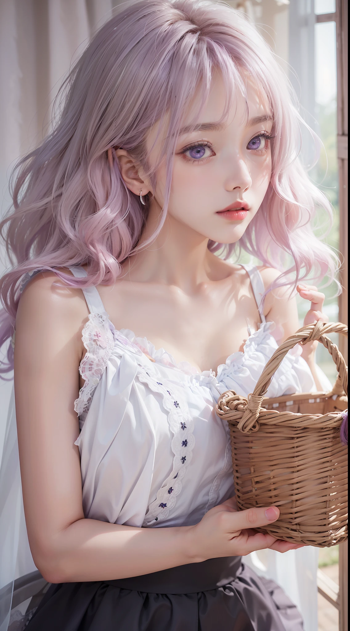 photogenic、top-quality、masterpiece、Angle from above、Japan women、18 years old、pale pink blonde hair、Lustrous hair、Very short、Purple hair、perm、Korean Style Beauty、big eye、Double eyes、small tits、White Ruffled Chiffon Sleeveless Top, White Tulle Maxi Skirt Dress, wicker basket bag.、Lace underwear、