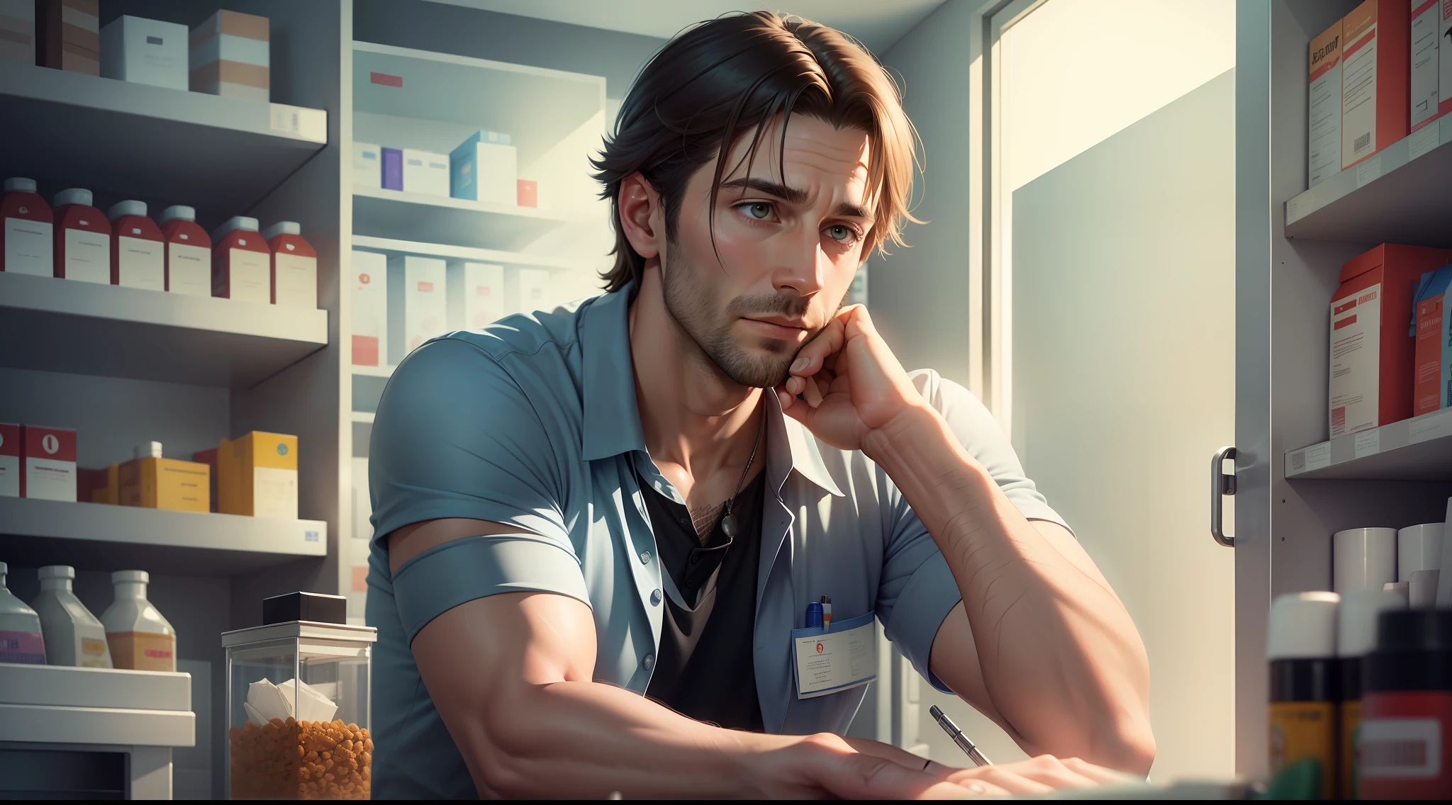 Drawing, ultra realistic, 8k, extremely detailed, in the best quality, a man, 30 years old, behind a pharmacy counter, working with an attendant, with a tired face, ultra realistic image, realistic texture, high quality, color image, natural daylight