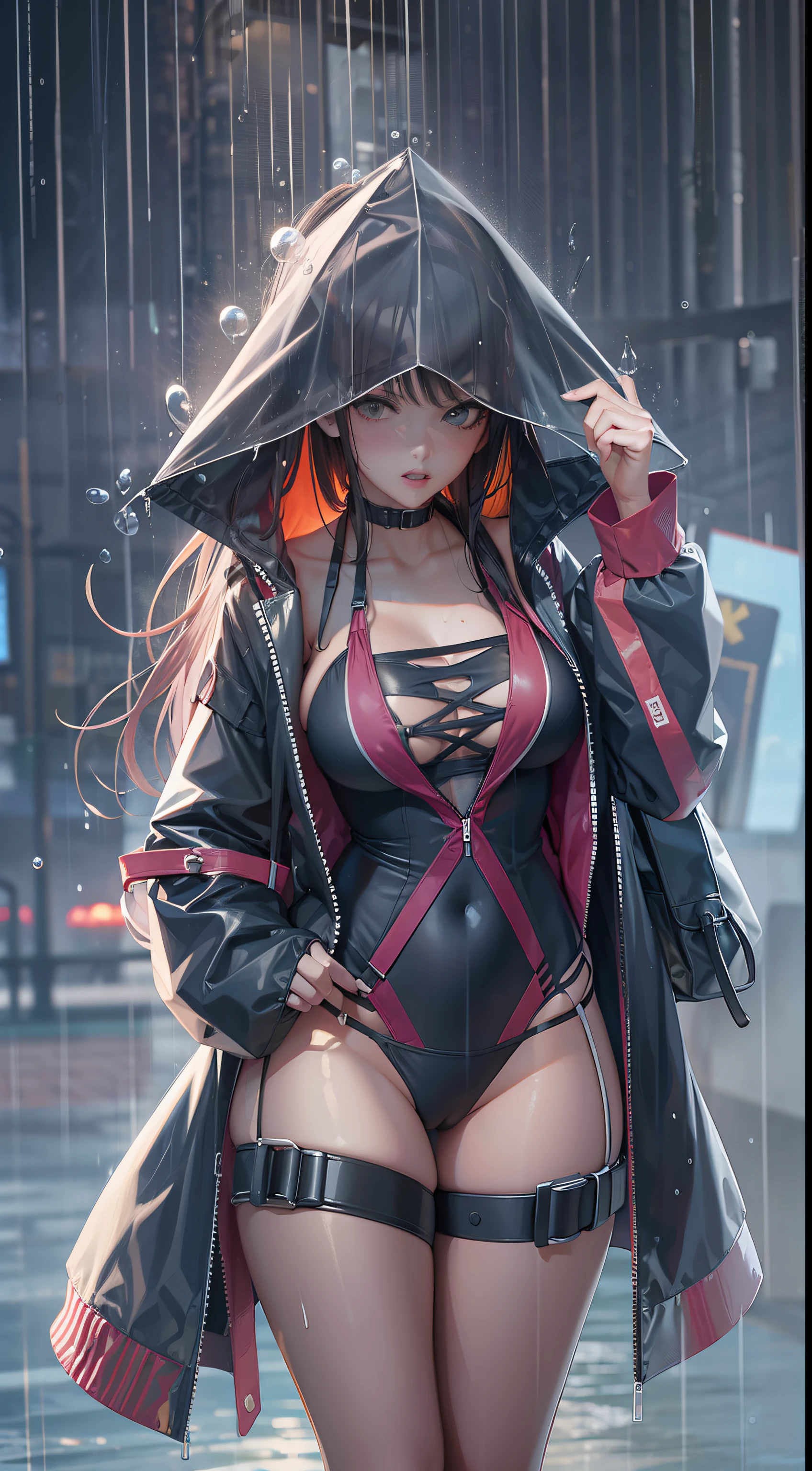 Hot Sexy girl wear Raincoat Bikini With Raining Background, Full Body