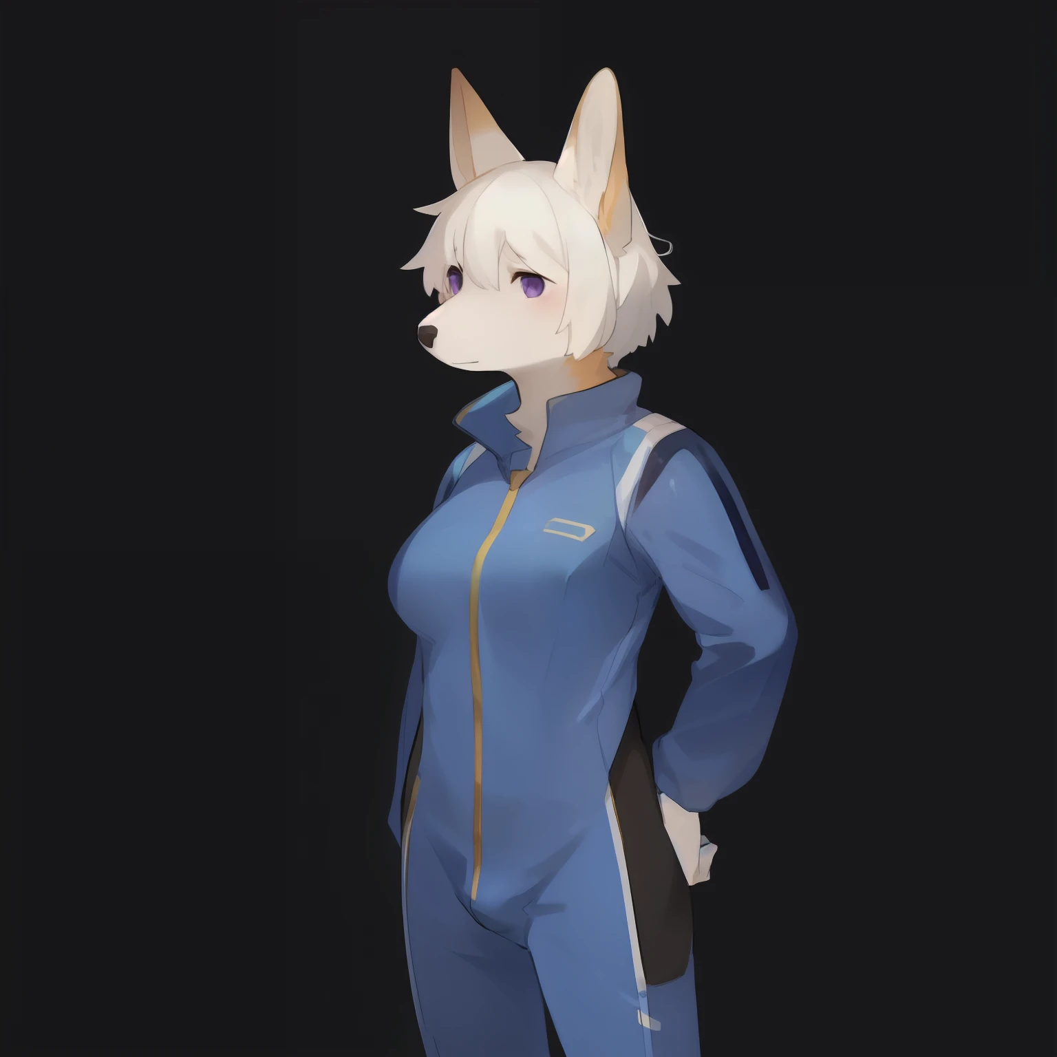 Solo, female, standing, canine, snout, corgi, medium breasts, short white hair, simple background, purple eyes, by bebebebebe, small bulge, blue spacesuit