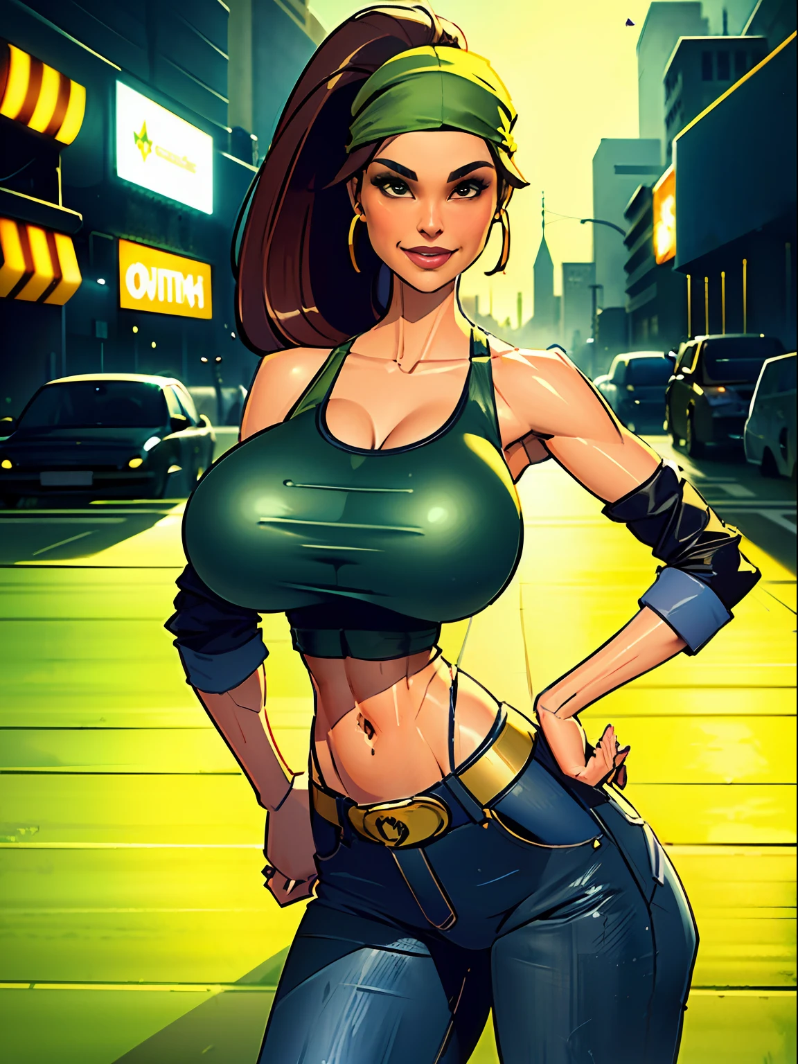 1girl, short busty petite brunette comic book woman, gorgeous face, masterpiece, beautiful, high quality, high definition, superb quality, highly detailed, insane detail, hands on hips, happy, smiling, sexy pose, hand on hip, long hair, huge ponytail, slim, thin, athletic, womanly, rubbery, elastic woman, (jacket and tank top, olive-colored jacket, blue jeans, do-rag, do rag, tight tank top), rubber body, brunette, (((huge breasts, big boobs, slim waist, overflowing breasts, too big for her top))), city, soft lighting, natural lighting, natural color, heroic, cheerful, (bold nose, hawkish facial features),