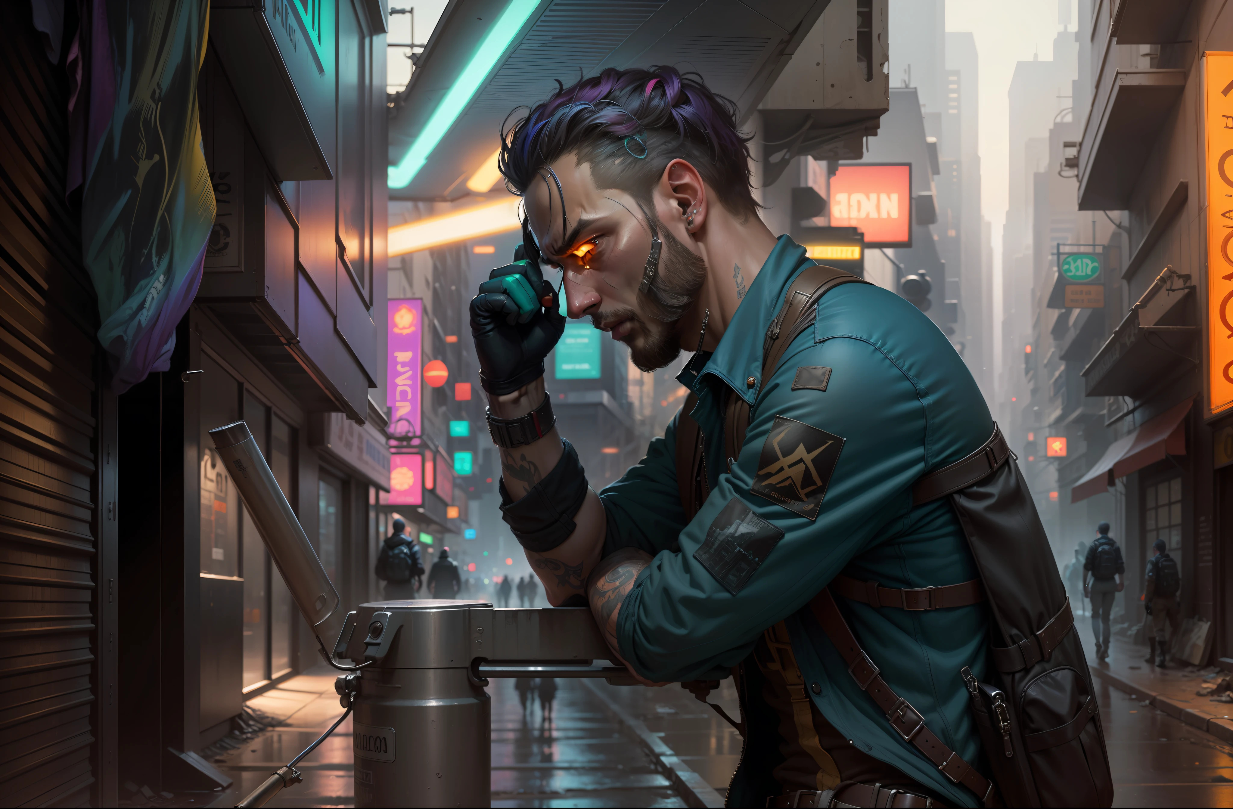 (masterpiece) high detailed RAW, a post apocalyptic man with a backpack is walking through a vivid rainbow themed cyberpunk city , hassanfantasy style , by Jeremy Mann and Donato Giancola ultra realistic highly detailed intricate photorealistic