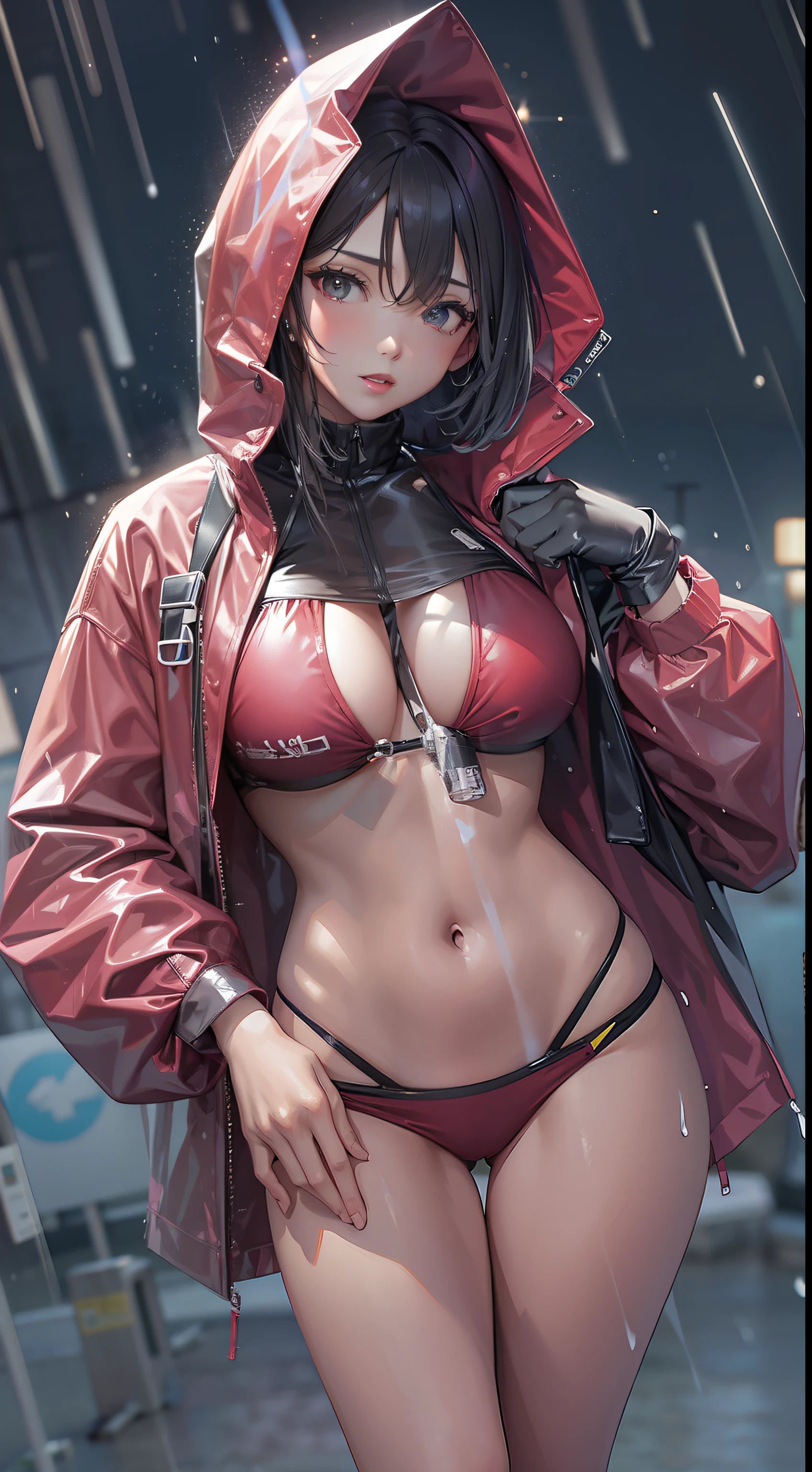 Hot Sexy girl wear Raincoat Bikini With Raining Background, Full Body