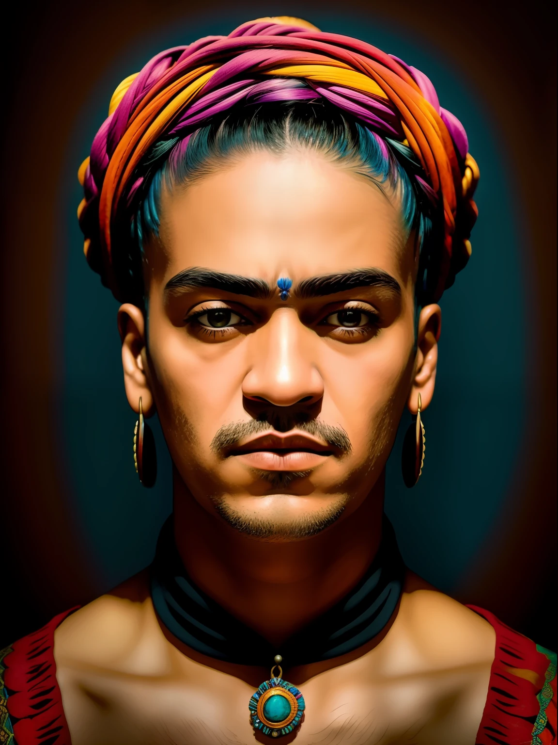 retrato de un hombre con ramo de claveles, al estilo de frida kahlo ,contrastes, colorido, texturas, ultra-high def, obra maestra