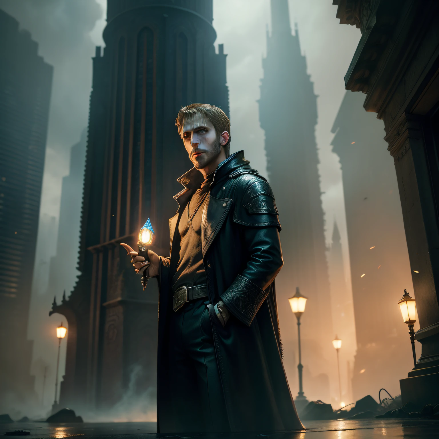 blade runner, fantasy world, 4k, realistic, mage, ancient mage tower, ryan gosling