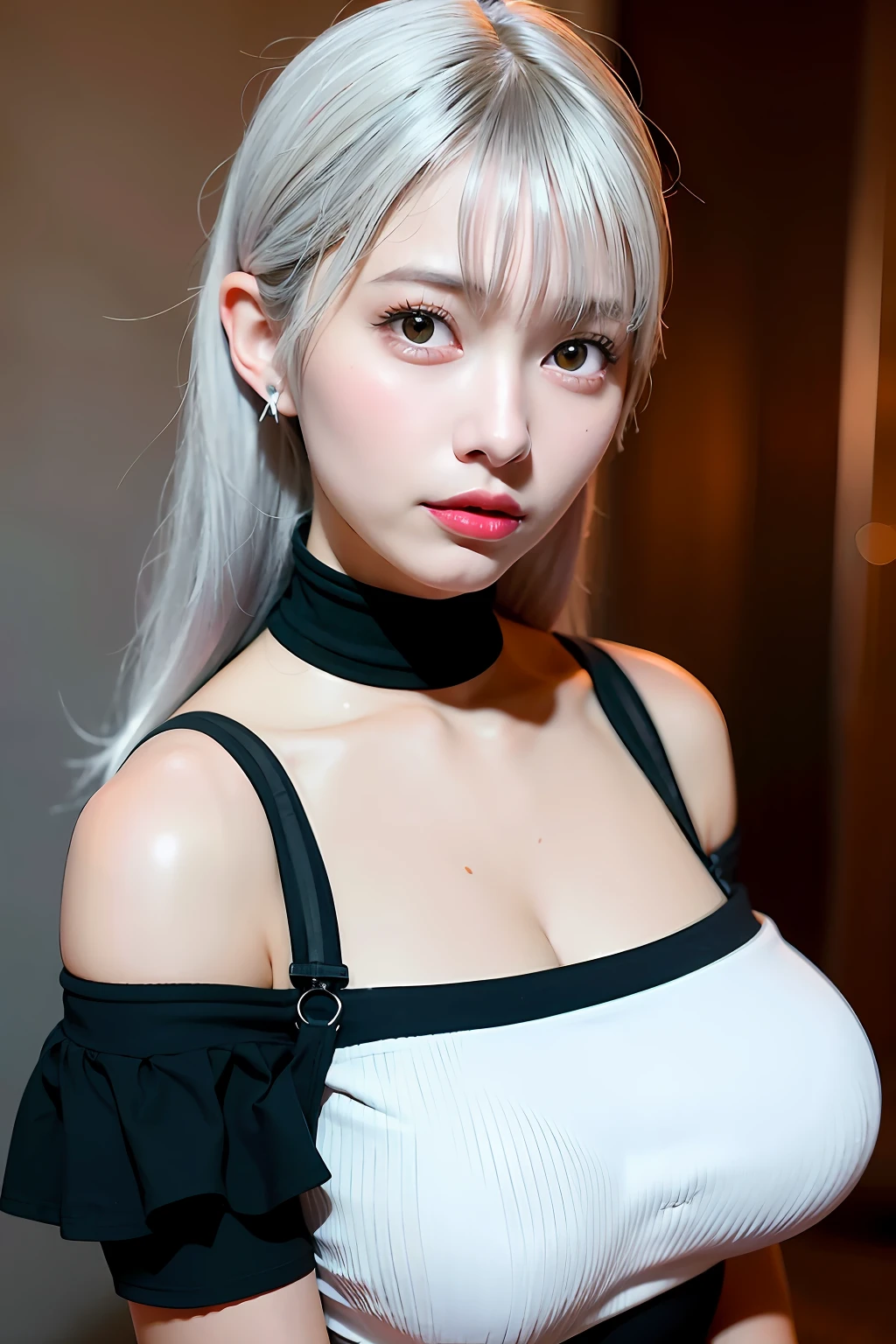 best quality, ultra high res, (photorealistic:1.4), 1girl, off-shoulder white shirt, black tight skirt, black choker, (faded ash gray hair:1), (huge breasts:1.2), looking at viewer, closeup ,