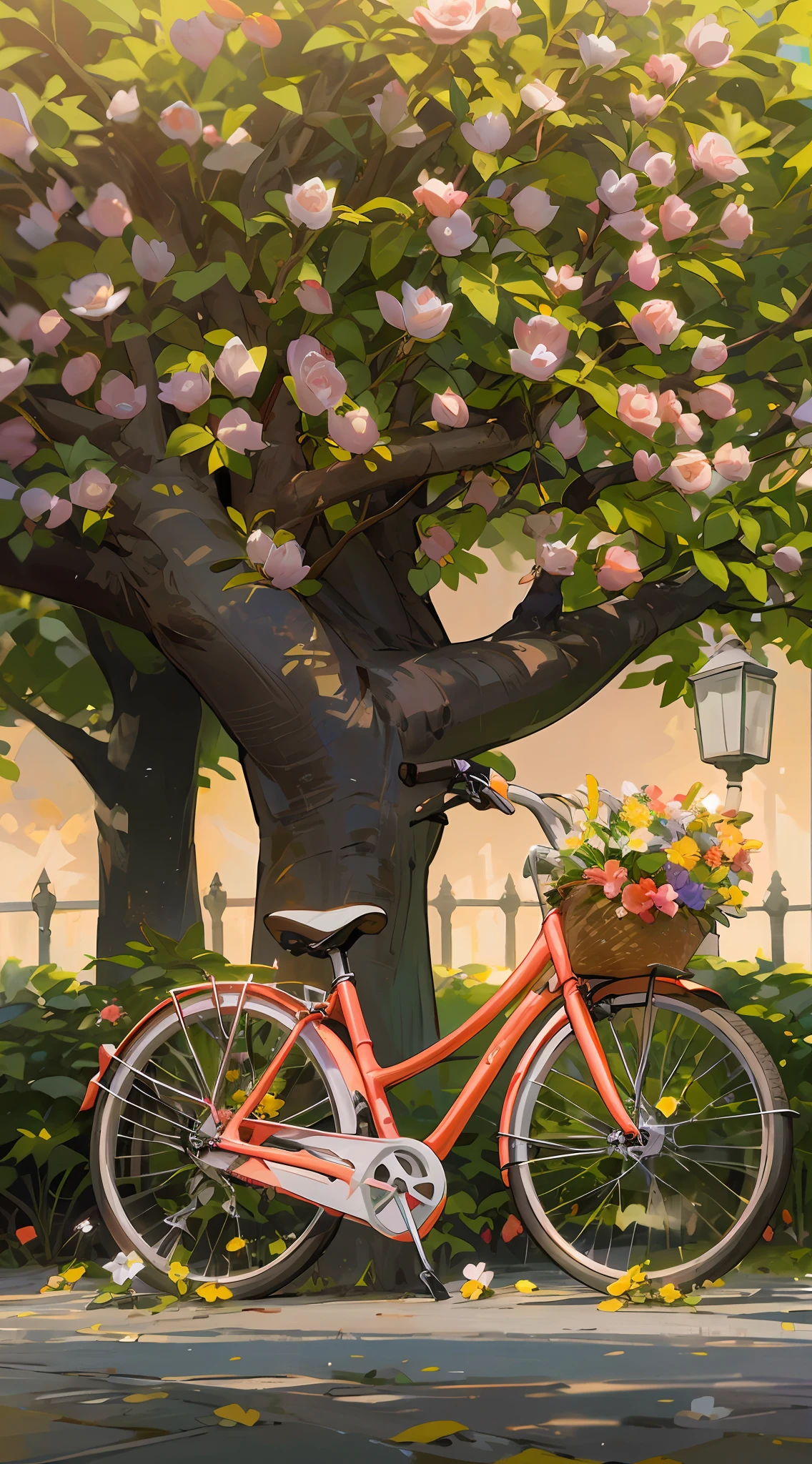 Uma bicicleta rosa com uma cestinha de flores amarelas, In the shade of a garde tree in the park, dia de sol, brazi, Obra-prima, melhor qualidade, (papel de parede 8k de unidade CG muito detalhado) (melhor qualidade), (best illustration), (melhores sombras)