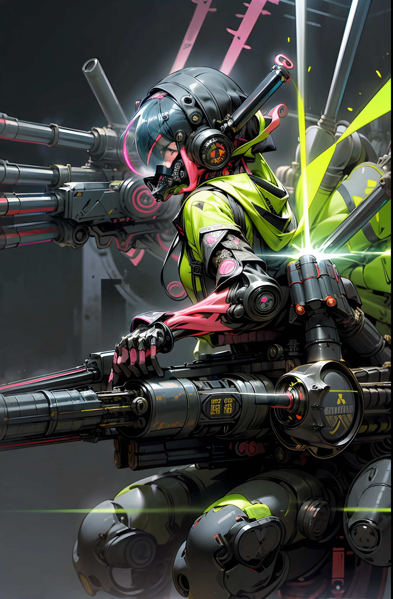 full Helmet、(gas masks:1.3)、(Explosive effect:1.5)、(Neon Paint:1.5)、(Arm fused with Gatling gun:1.6)、(1 Gatling gun:1.4)、(exercise)、(Wearing a hood:1.2)、colourfull、cyberpunked、(独奏)、droid、cyborgs、(Digital Noise:1.5)