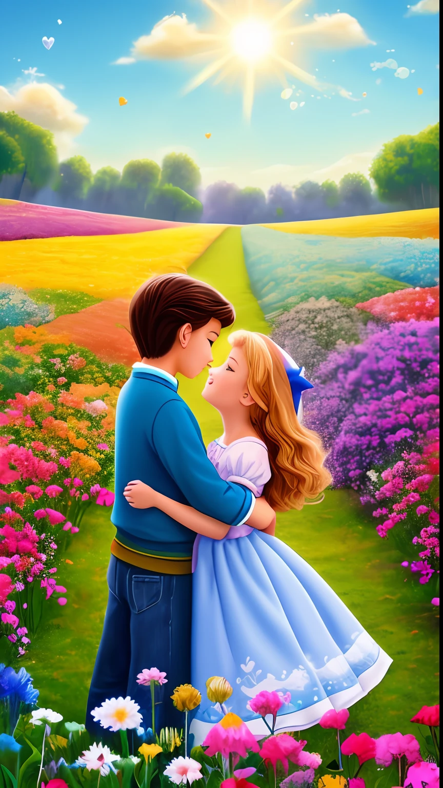 ”In a marvelous magical wonderful sky with fluffy clouds of soft colors in the style of Ruth Morehead, Mary Blair, Jean Baptista Monge, assembles the styles to create an impressive image due to its beauty, tenderness, delicacy, love, two cherubs floating in the sky stand out. a cloud, they play with very bright, tiny hearts of gold, magical flowers surround them, small, a moving Disney movie scene for reaching feelings and shaking hearts, exalts LOVE and INNOCENCE.- - a r 16:9, 4 K ,WIDESCREEN “ pastel colors