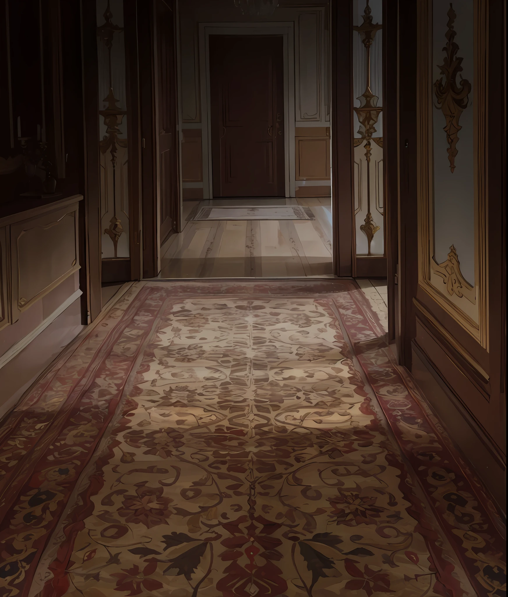 an old mansion, corredor com um carpete vermelho