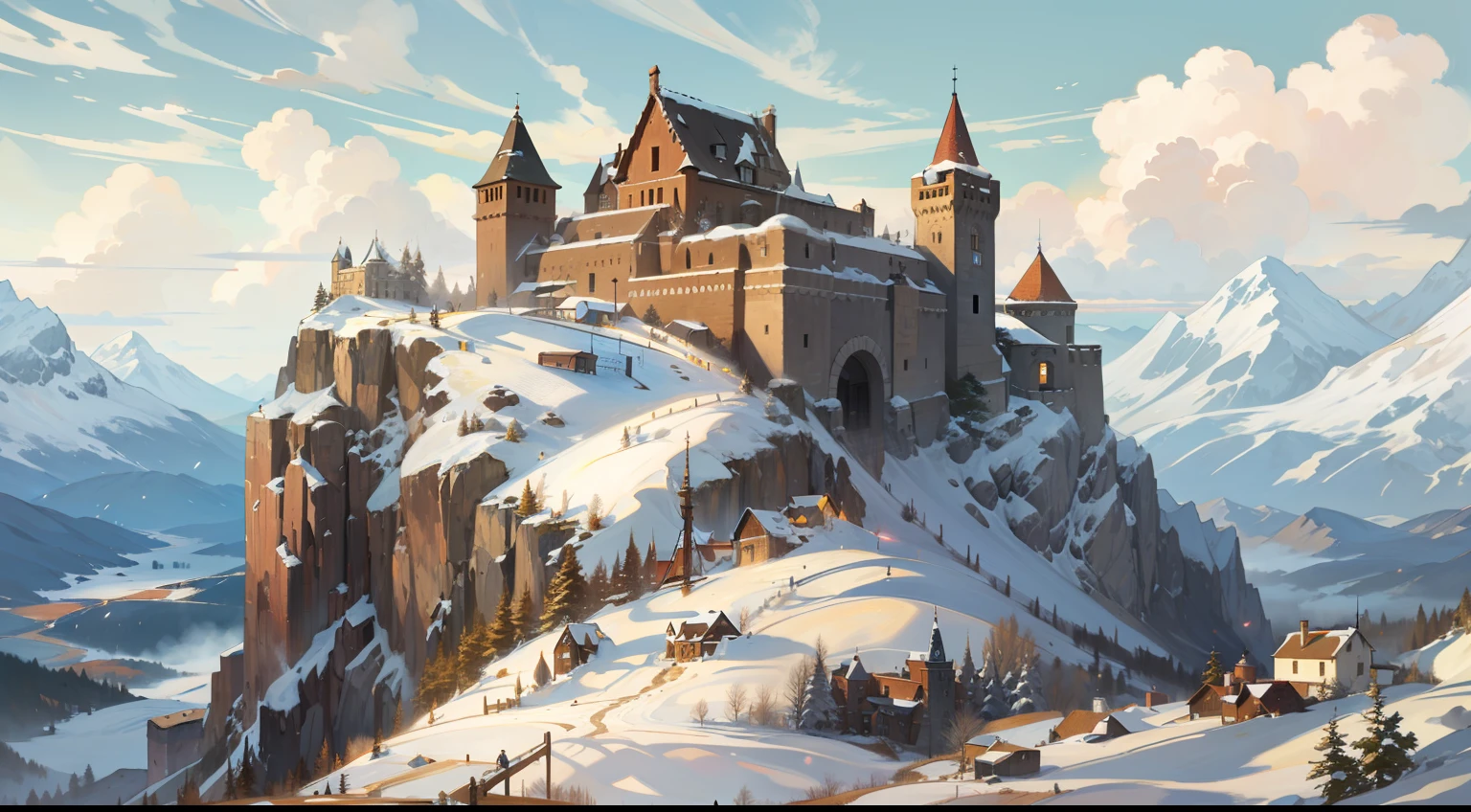 Stunning art An amazing landscape of a snow-capped mountain on the horizon At the top of the mountain there is a medieval fort, a fortress-shaped building surrounded by a simple village, uma paisagem medieval, uma impressionante arte RPG, arte expressiva;