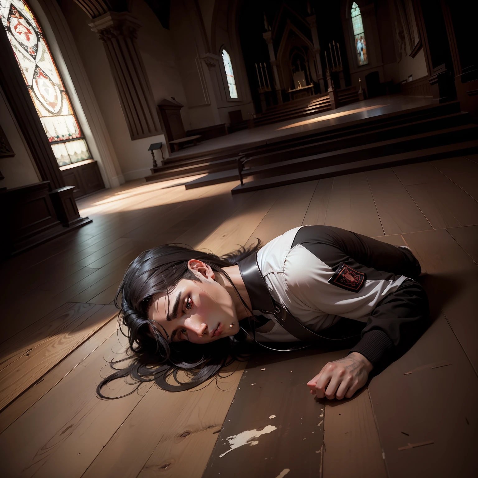 Black haired young man with mullet bleeding lying on the floor in dark brown church