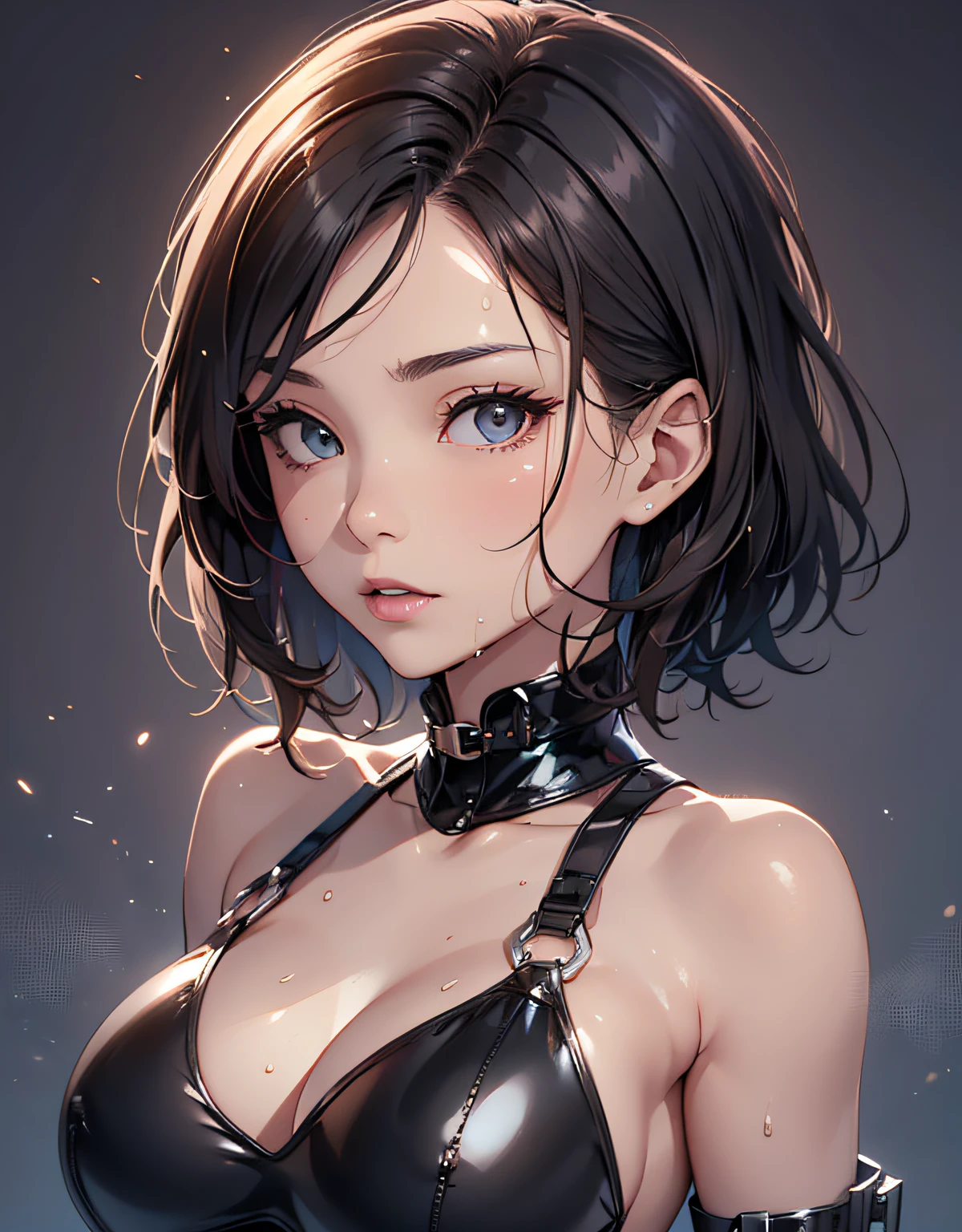 Shackles, BDSM, slave, rubber, black corset, catsuit, collar, nsfw, ((highest quality, 8k, masterpiece: 1.3)), crisp focus: 1.2, beautiful woman with perfect figure: 1.4, slender abs: 1.2, wet body: 1.5, highly detailed face and skin texture, detailed eyes, double eyelids, very short hair,