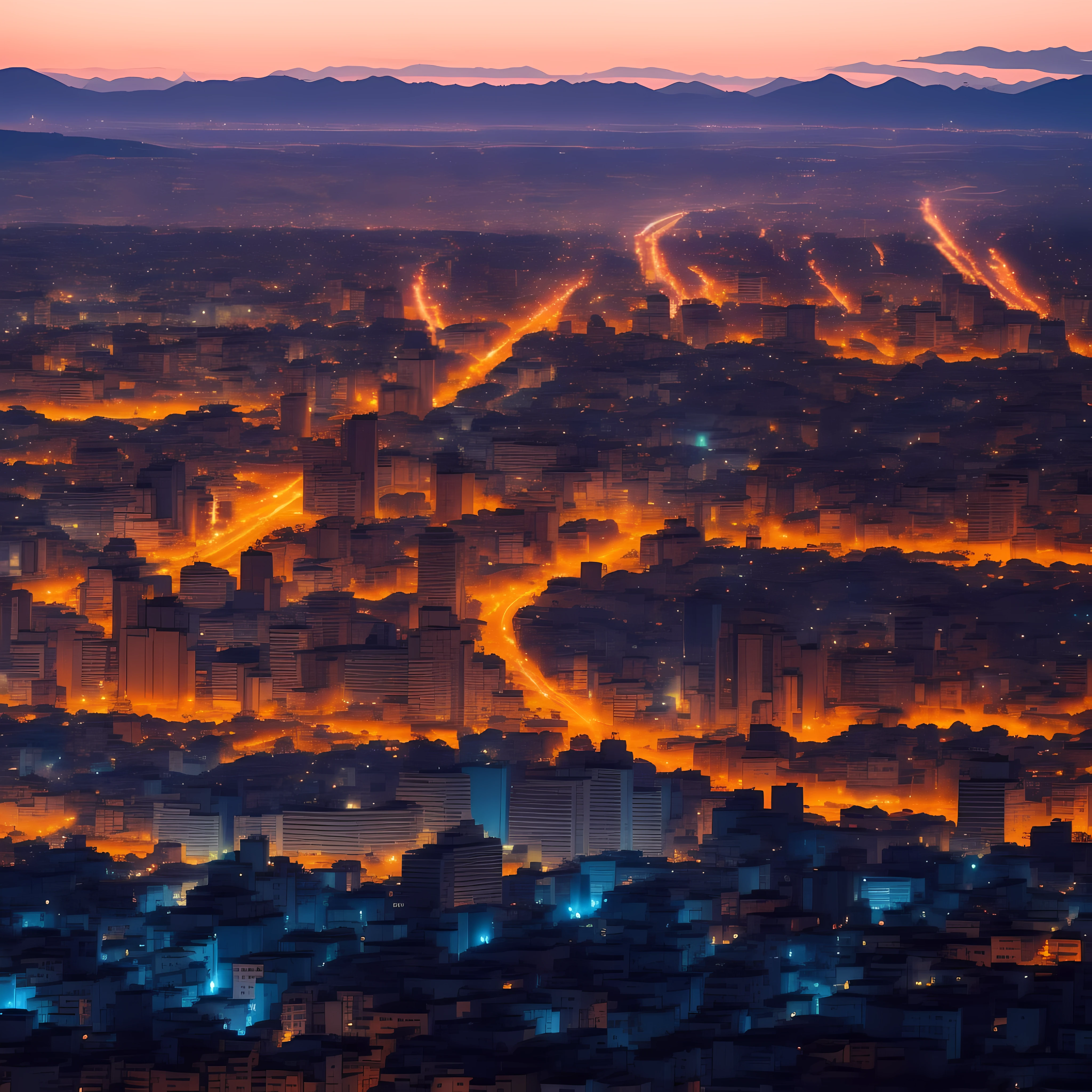 noche de ciudad estrellada, la ciudad esta ardiendo con llamas azules, centro de la ciudad,ciudad de cerca, ((punto de vista de frente)),